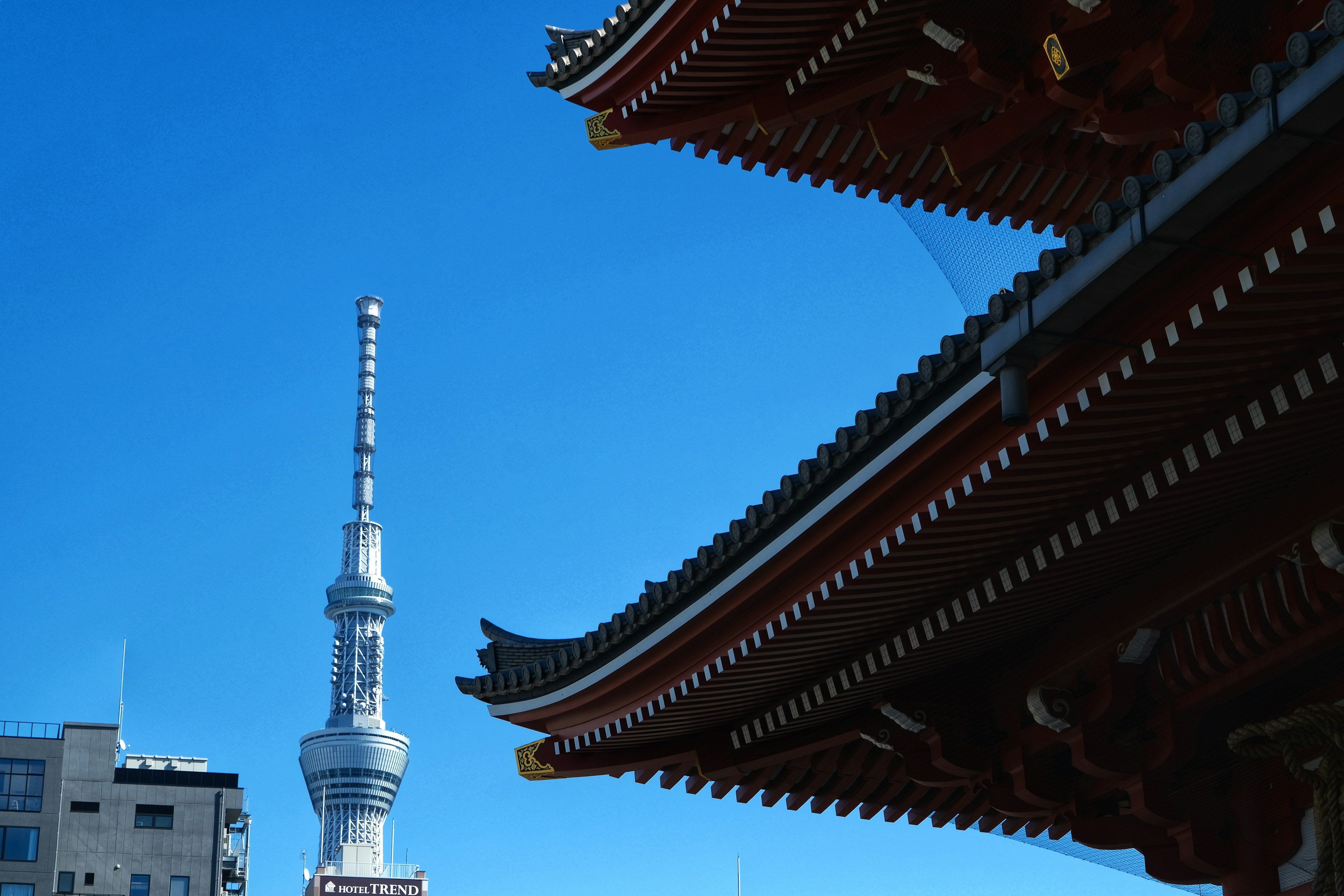 Vista de la Tokyo Skytree junto al techo de un edificio tradicional bajo un cielo azul claro