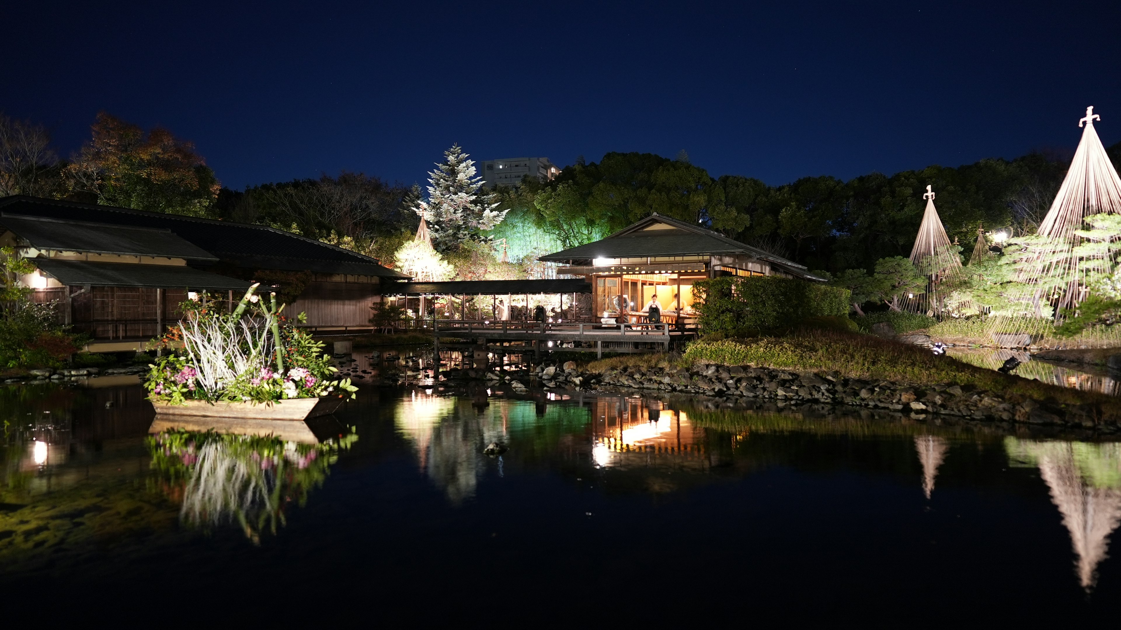 夜景の伝統的な日本庭園の風景池に映る建物と灯り