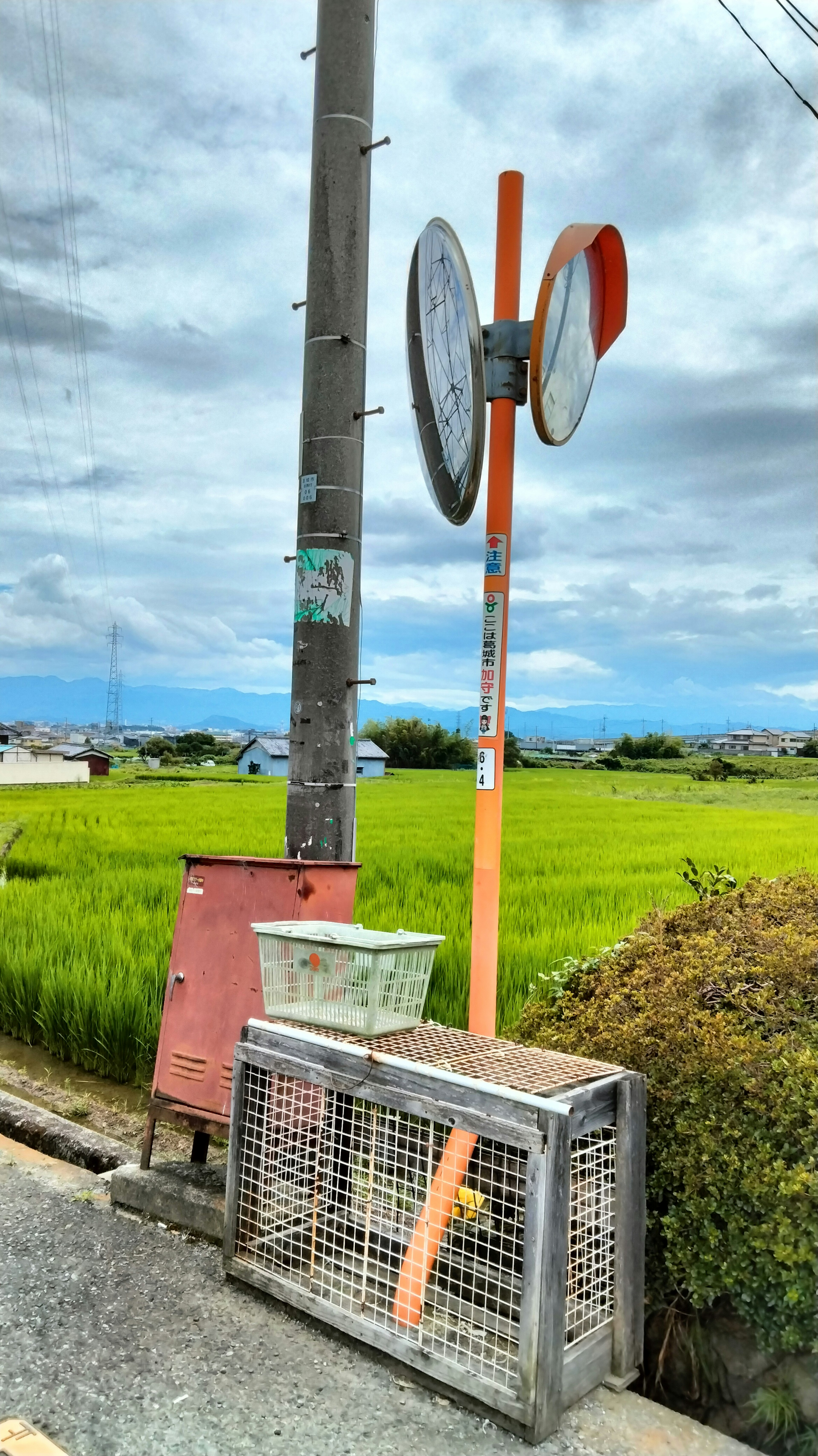 田んぼの横に立っている交通標識と電柱