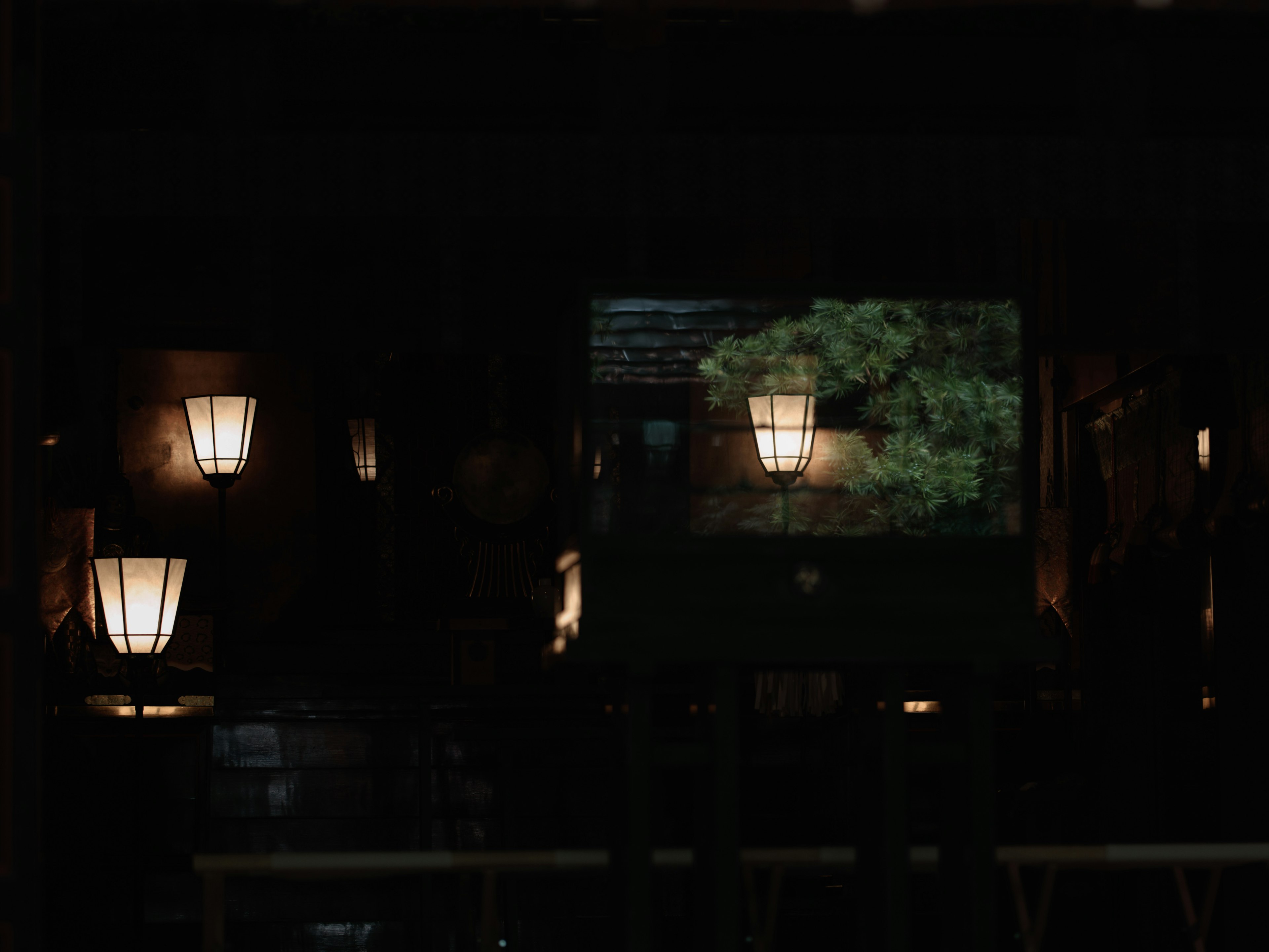 Lanternes japonaises traditionnelles illuminées sur un fond sombre avec une vue sur des arbres verts