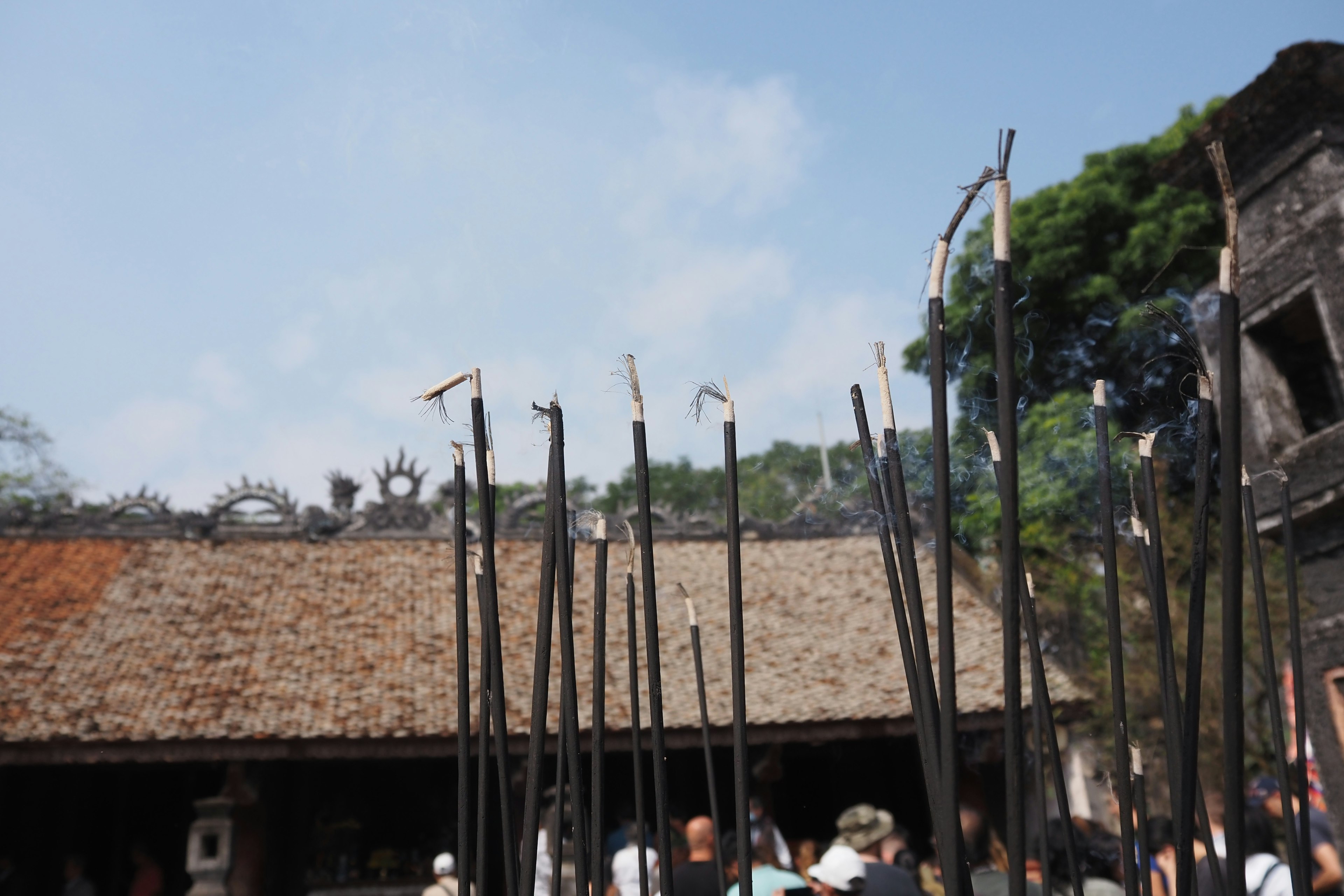 屋根の上に古い彫刻が見える村の景色と長い棒が立っている