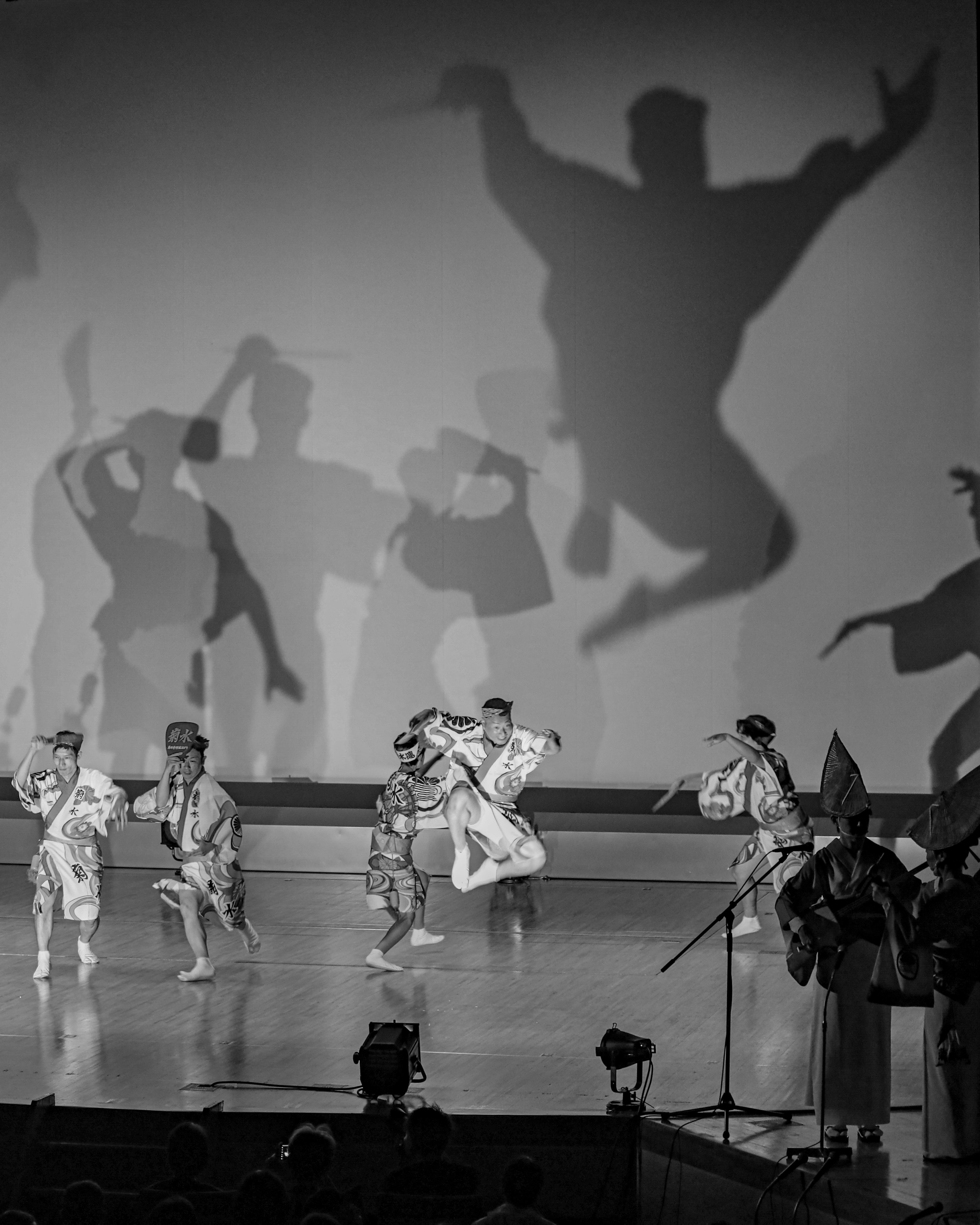 Escena de bailarines actuando en el escenario con sombras proyectadas en la pared