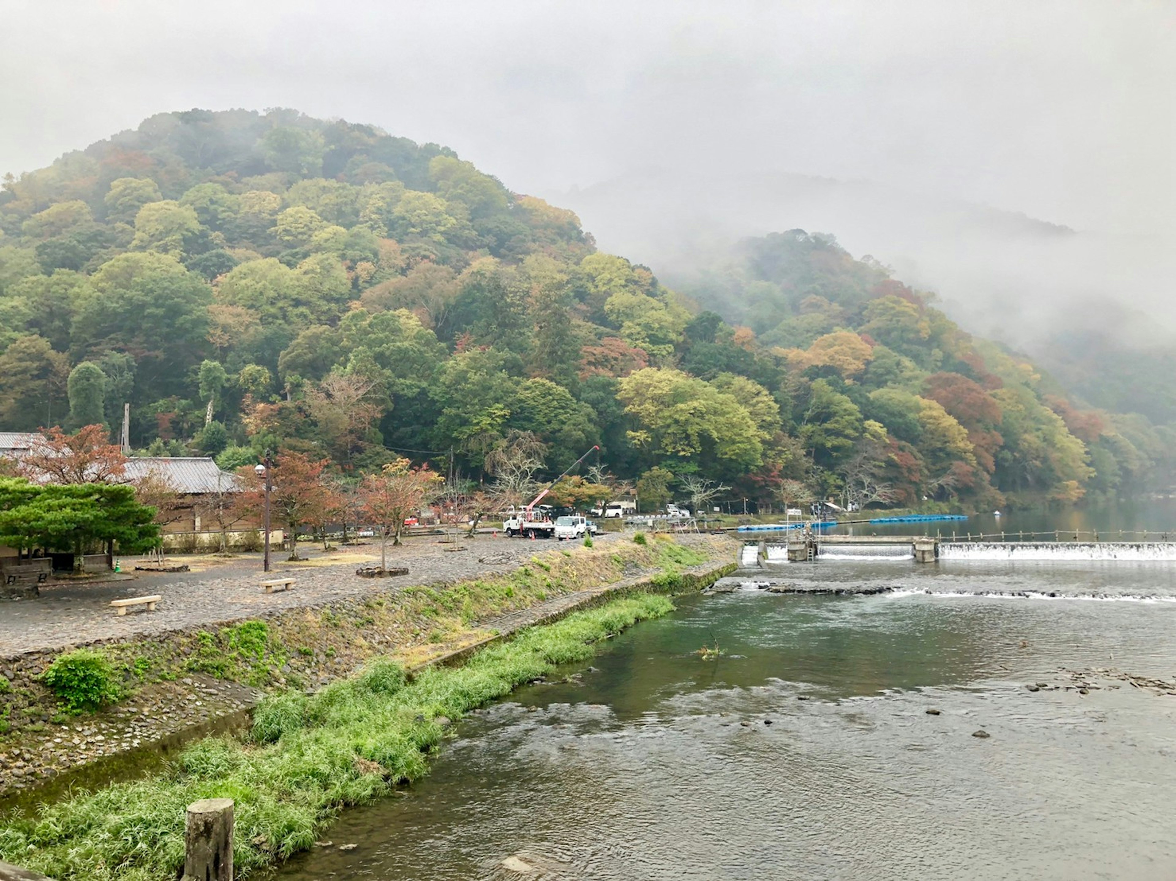 Vista panoramica di una montagna e un fiume avvolti nella nebbia con alberi colorati