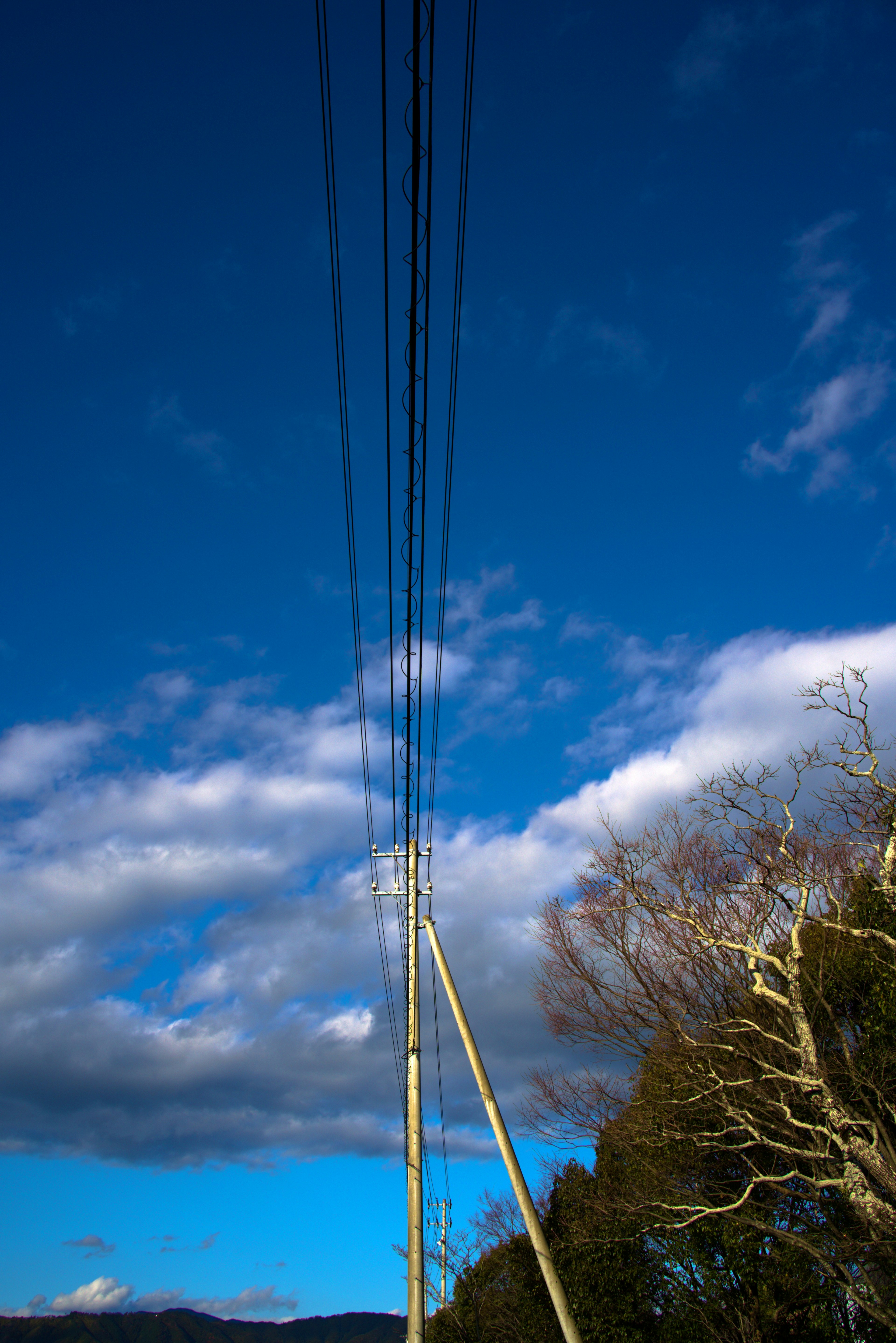 電線杆和電線在藍天和雲彩下