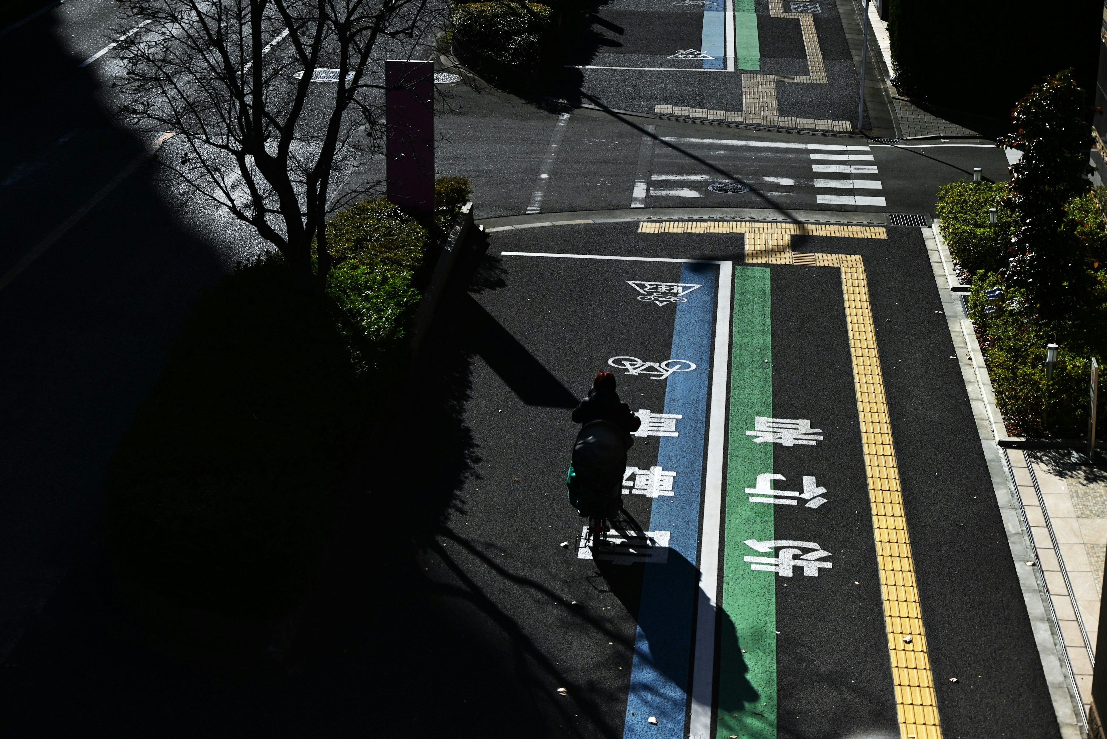 Aerial view of a bicycle path with green and blue lines