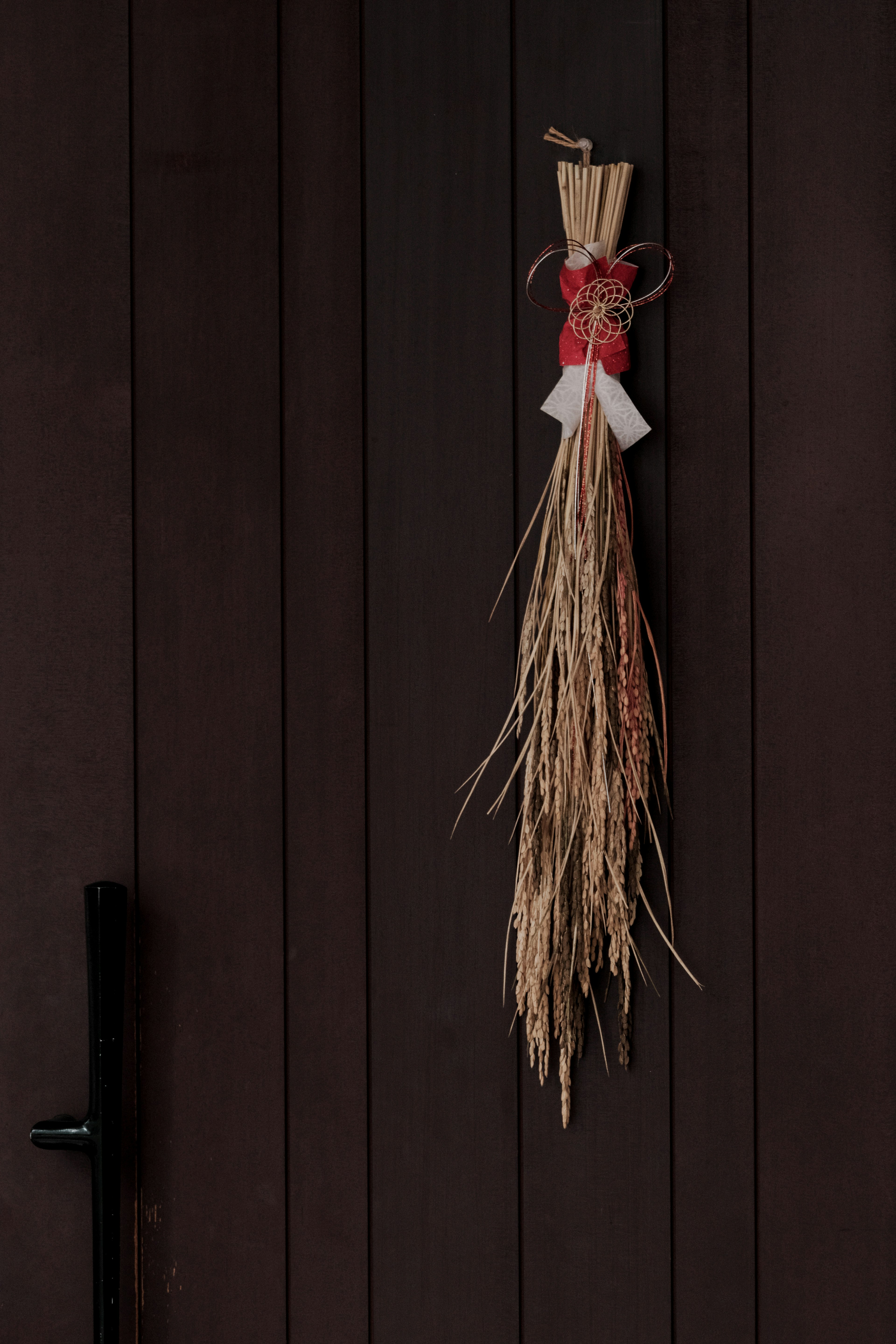 Hierbas secas decorativas con un lazo rojo colgando de una puerta de madera