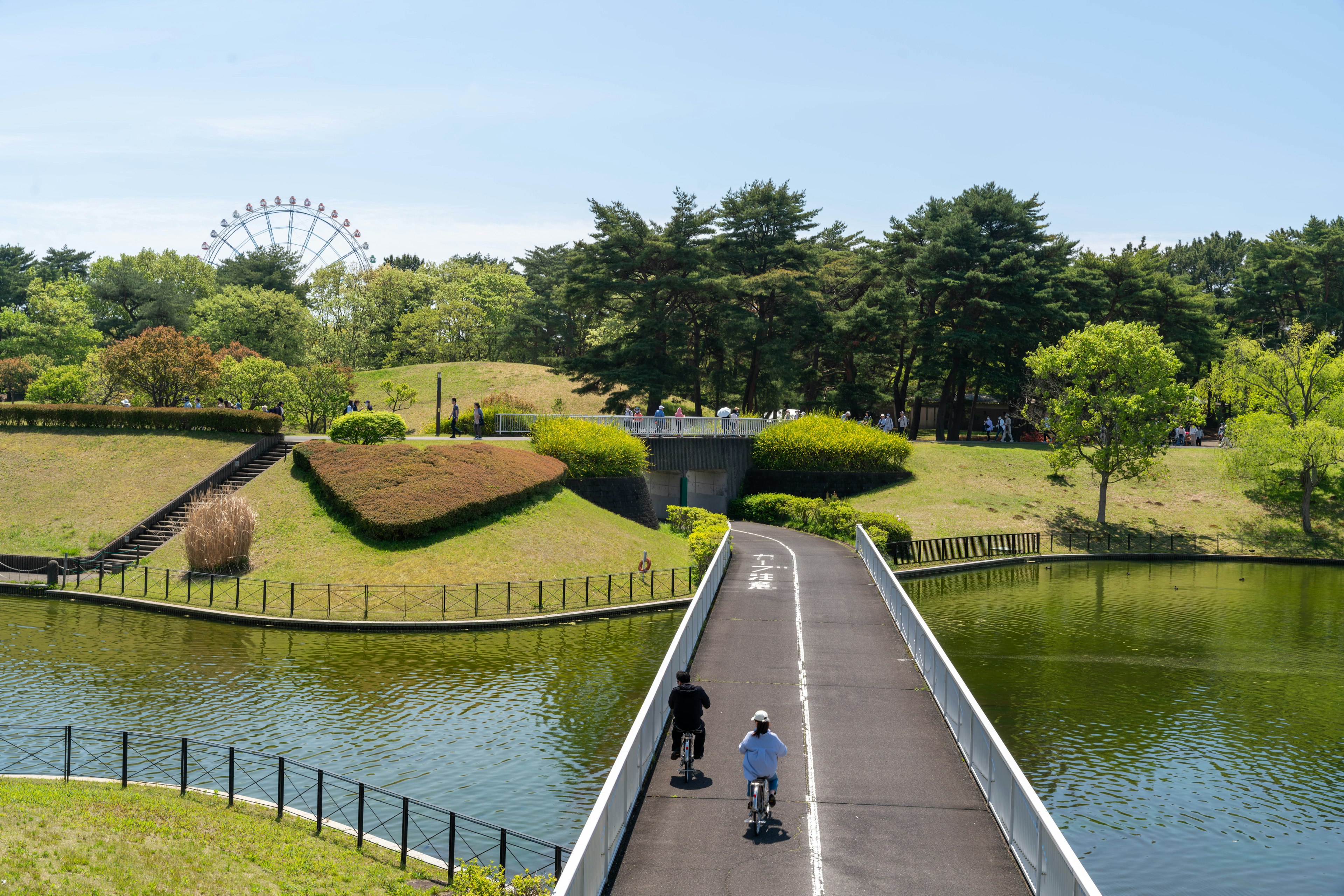 緑豊かな公園と池を背景にした人々が歩いている風景