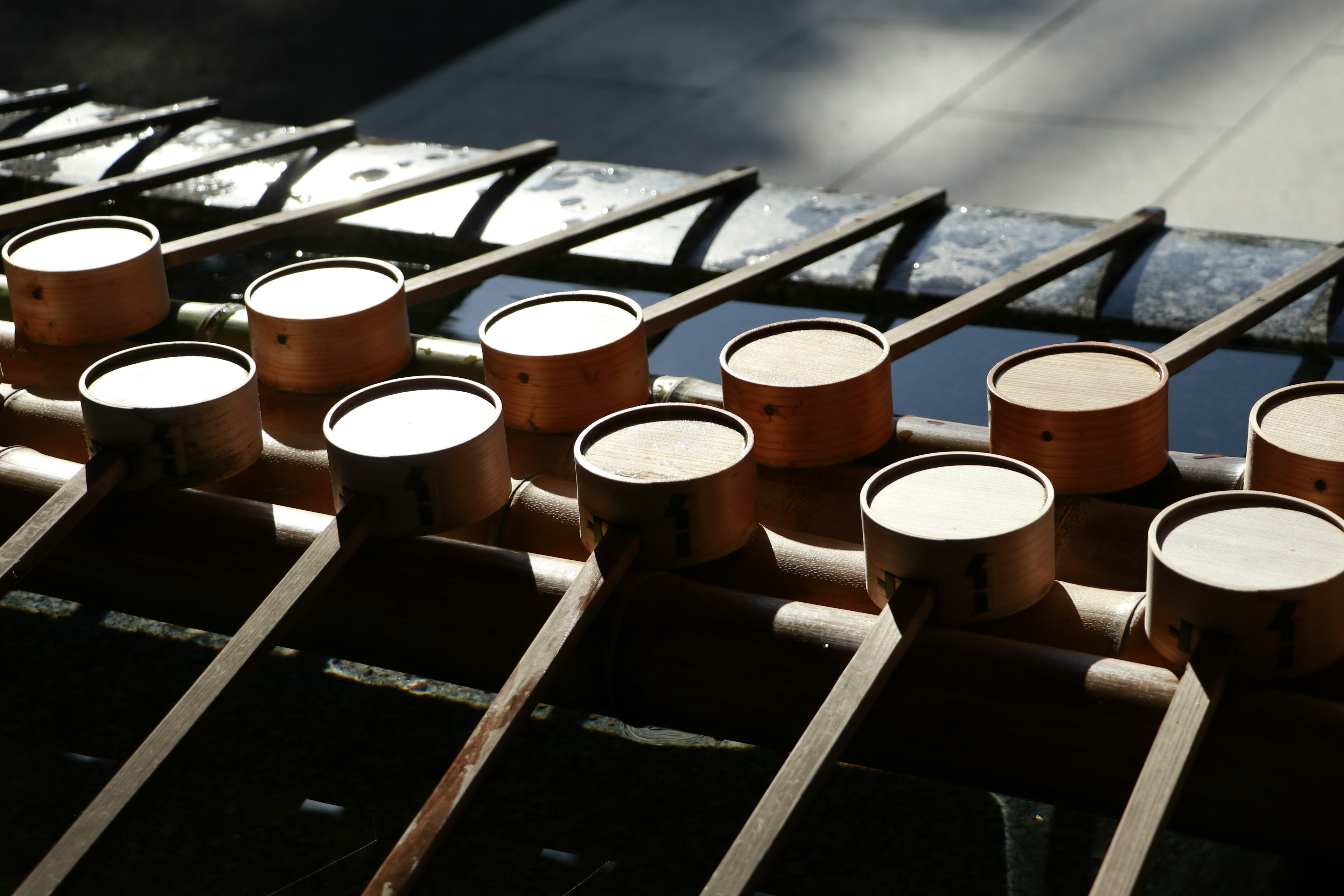 A row of bamboo water scoops arranged neatly