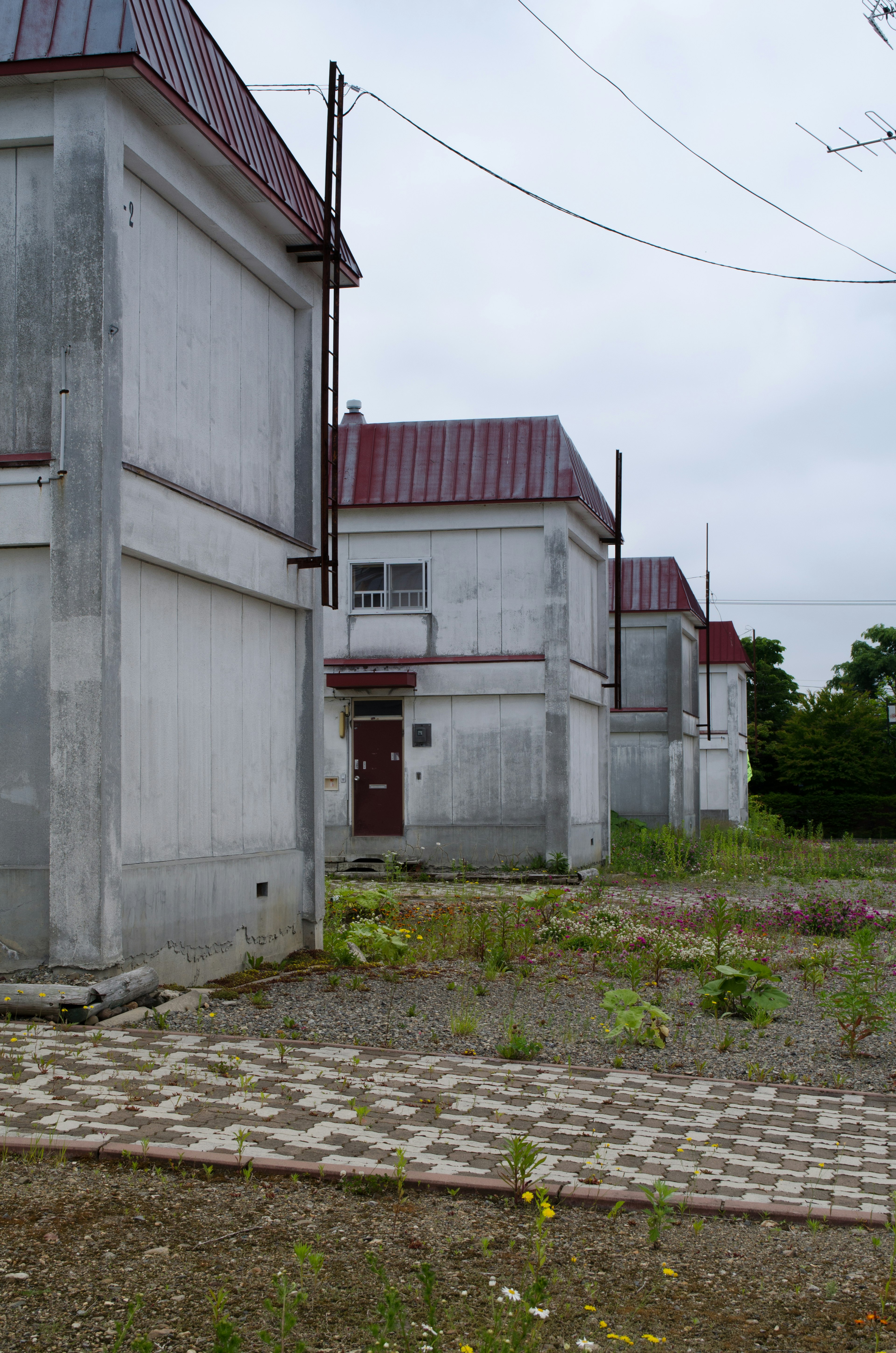 Maisons en béton abandonnées alignées dans un paysage désolé