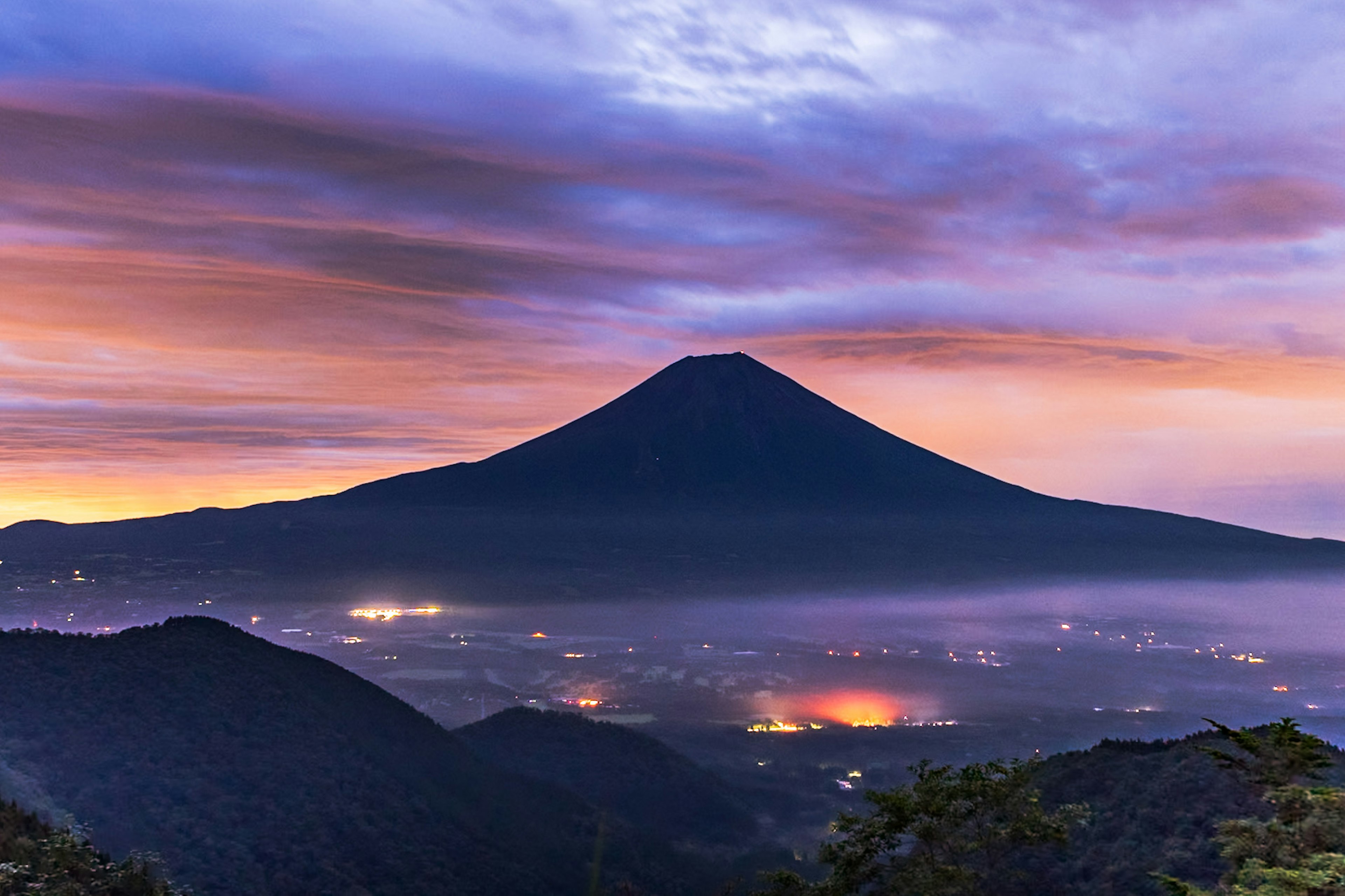 Majestic view of Mount Fuji during sunset with colorful skies