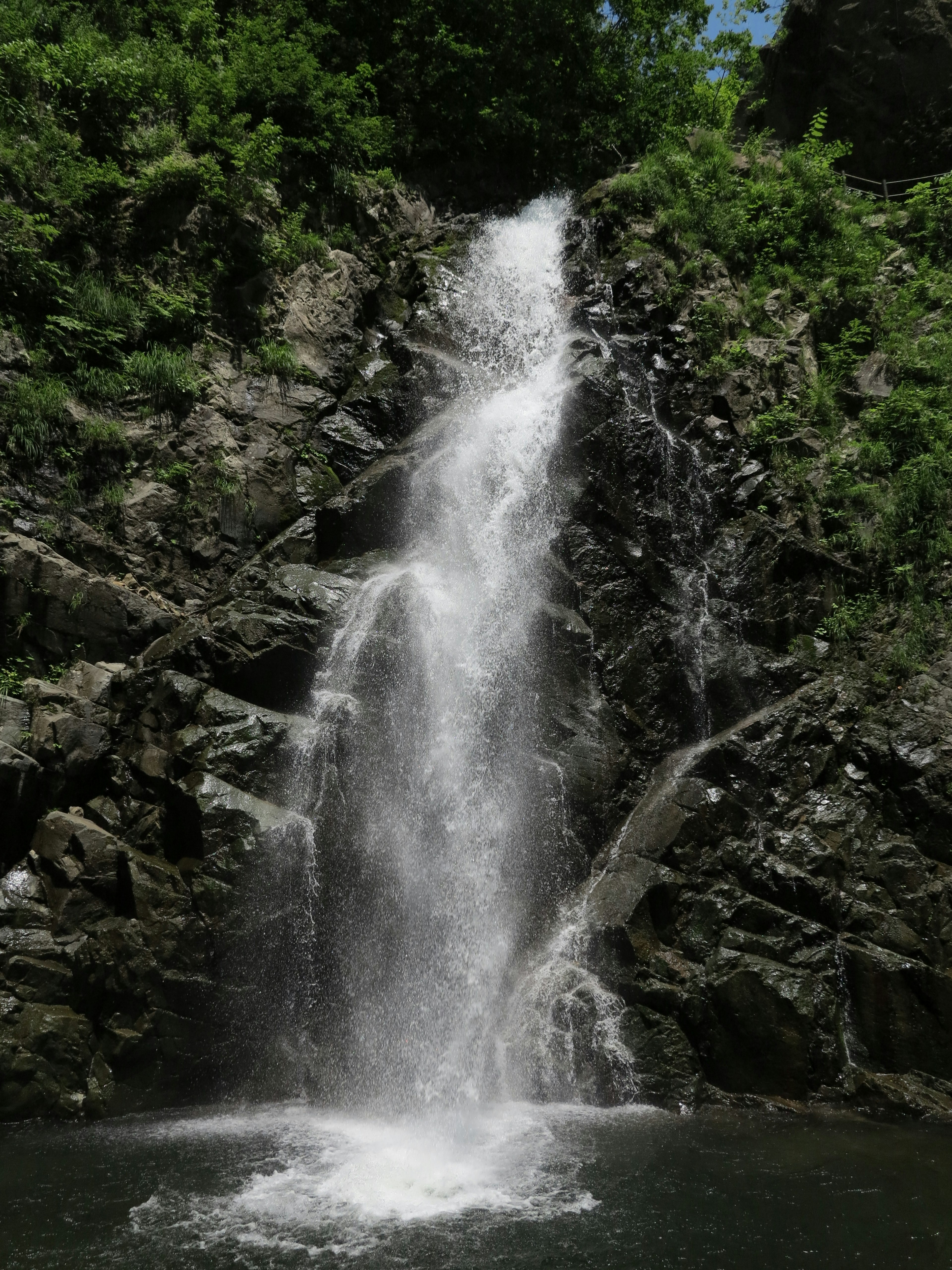 Air terjun yang indah mengalir di atas batu dikelilingi oleh vegetasi yang rimbun