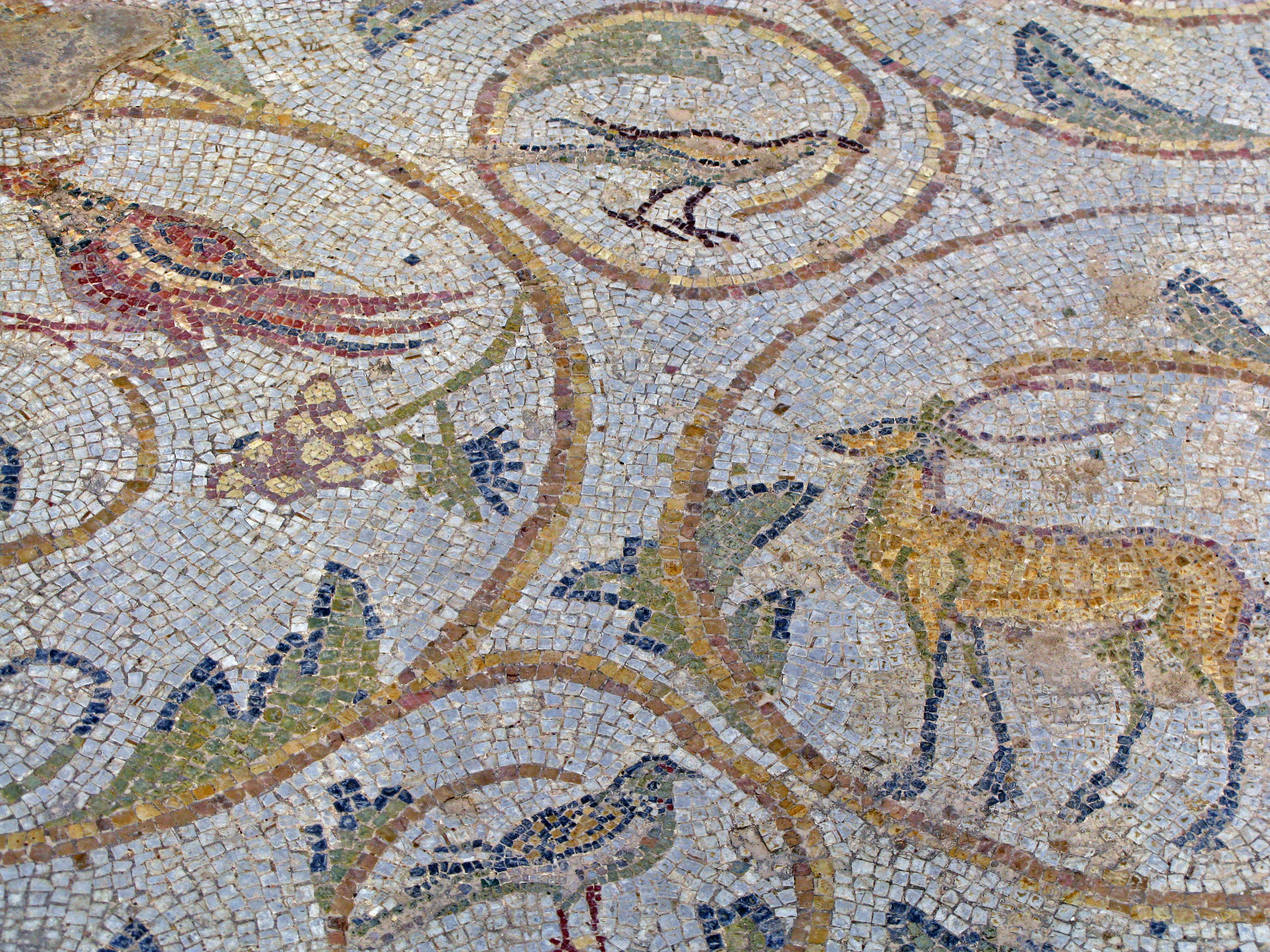 Mosaic floor featuring designs of birds and a deer