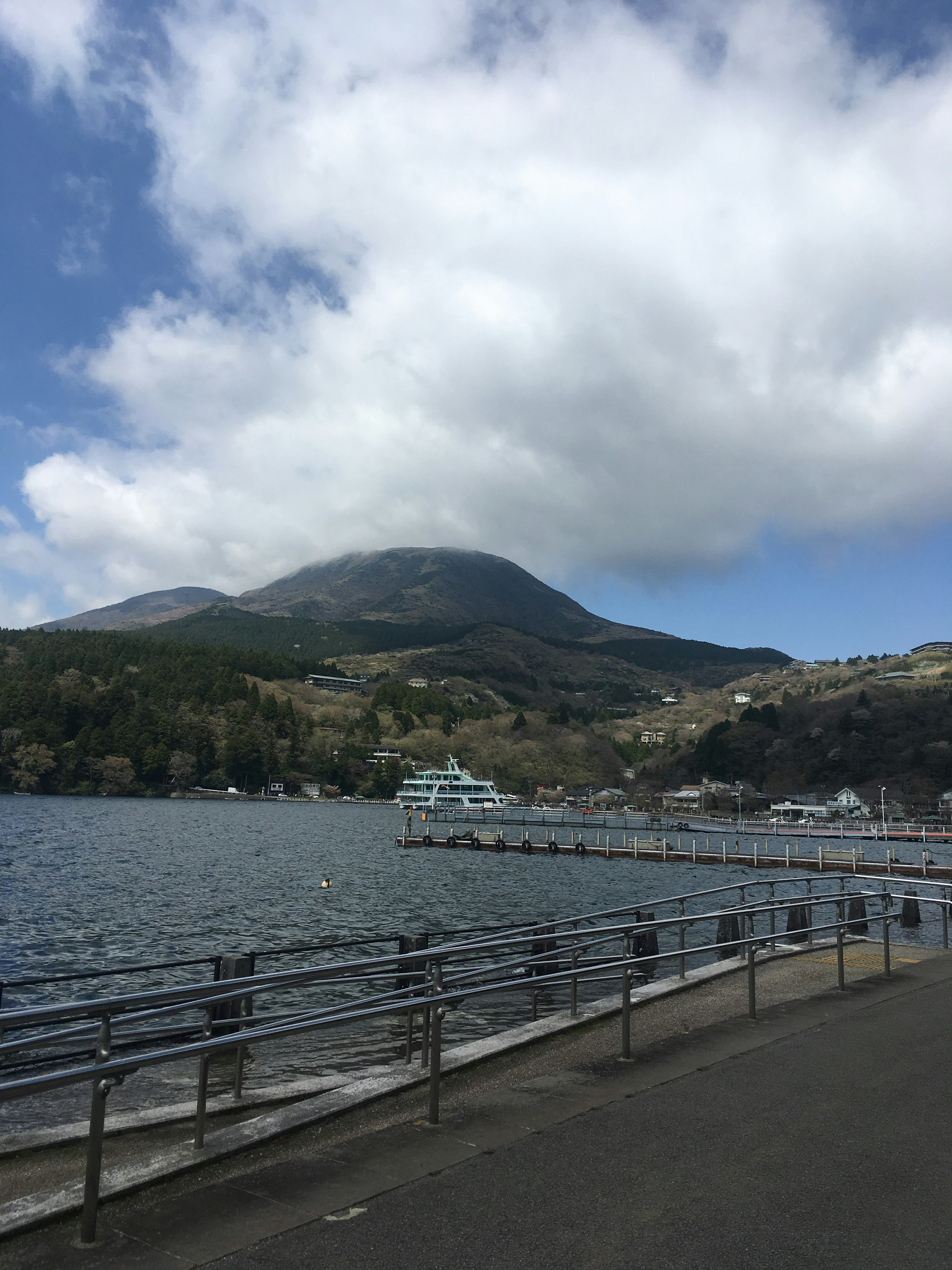 Scenic view of a lake with mountains and clouds