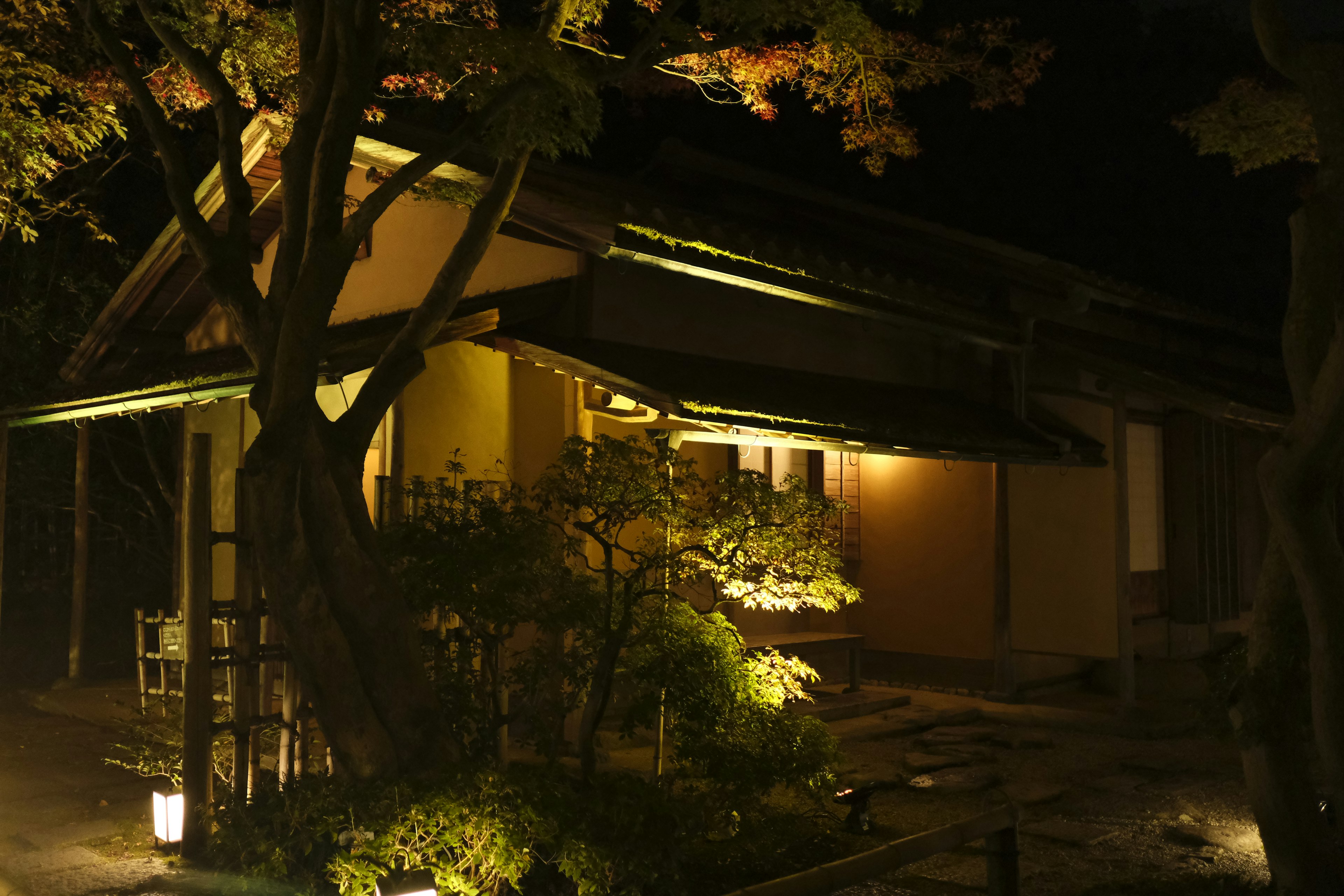 Eksterior rumah tradisional Jepang yang diterangi di malam hari dengan taman sekitarnya