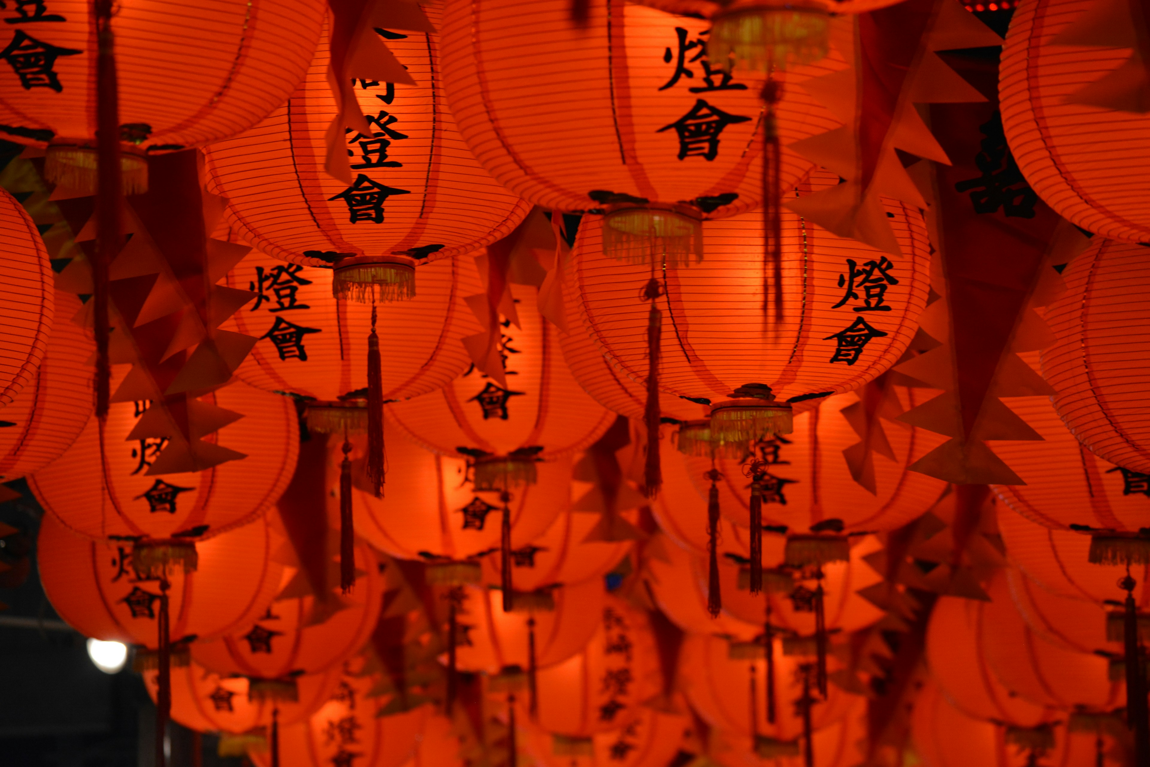 A vibrant display of red lanterns hanging in the night sky