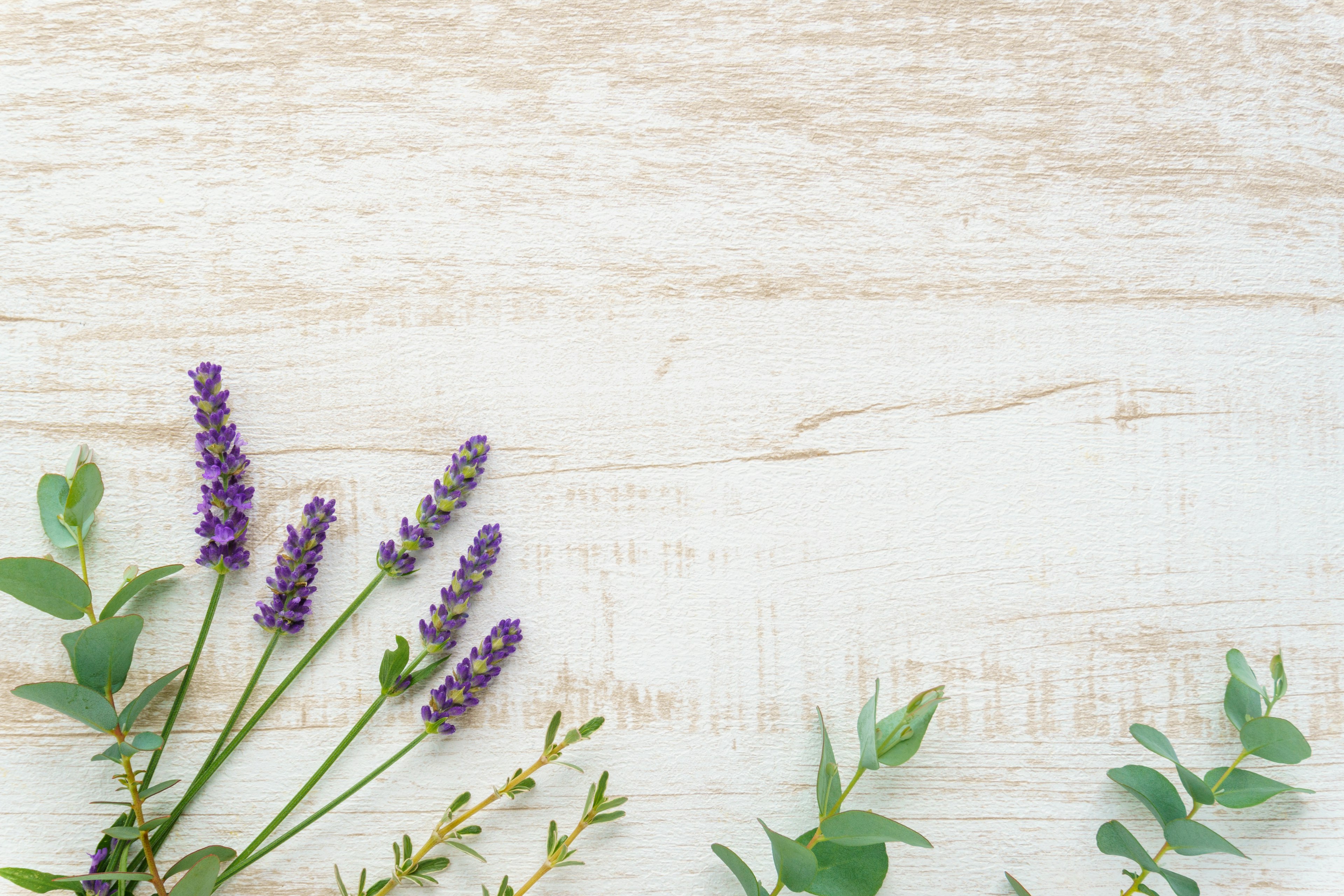 Immagine con fiori di lavanda e foglie verdi su uno sfondo di legno