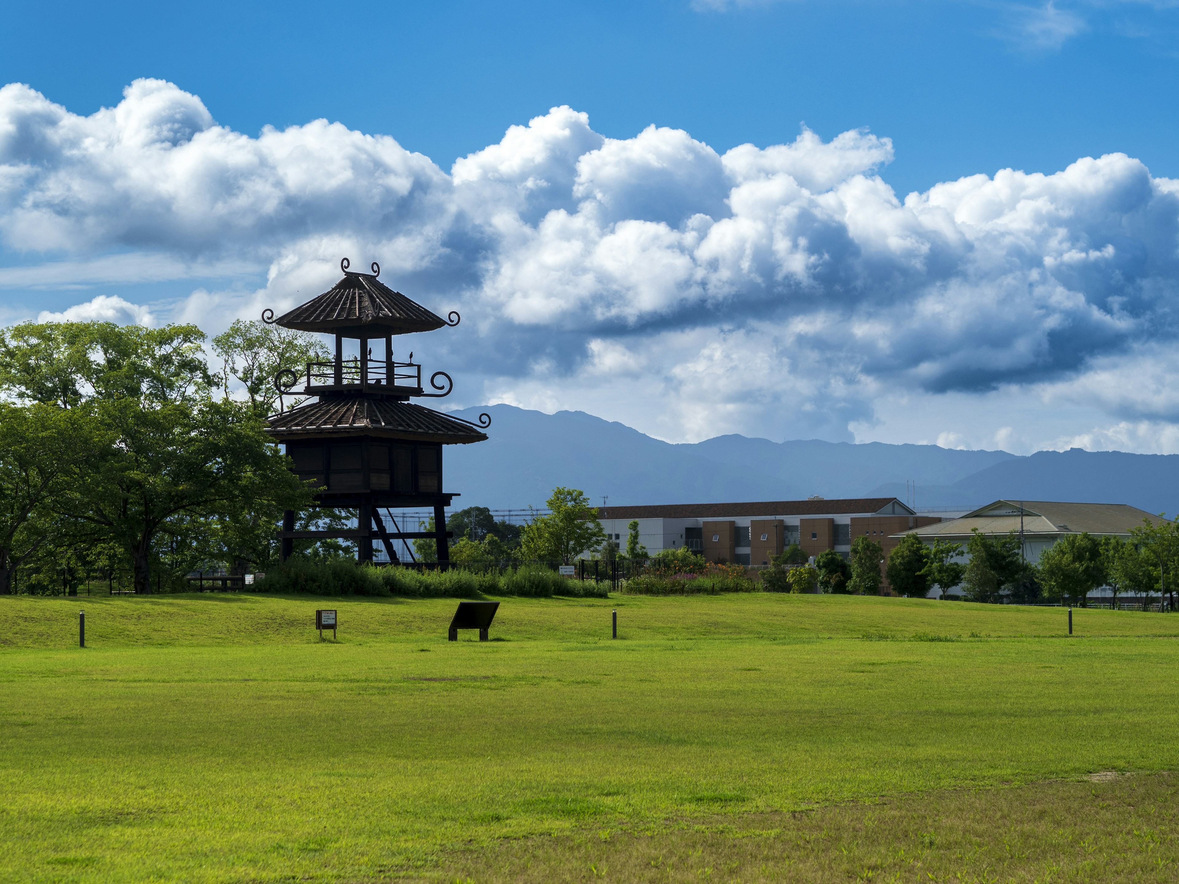 Torre tradizionale sotto un cielo blu con nuvole e una mucca in un campo verde