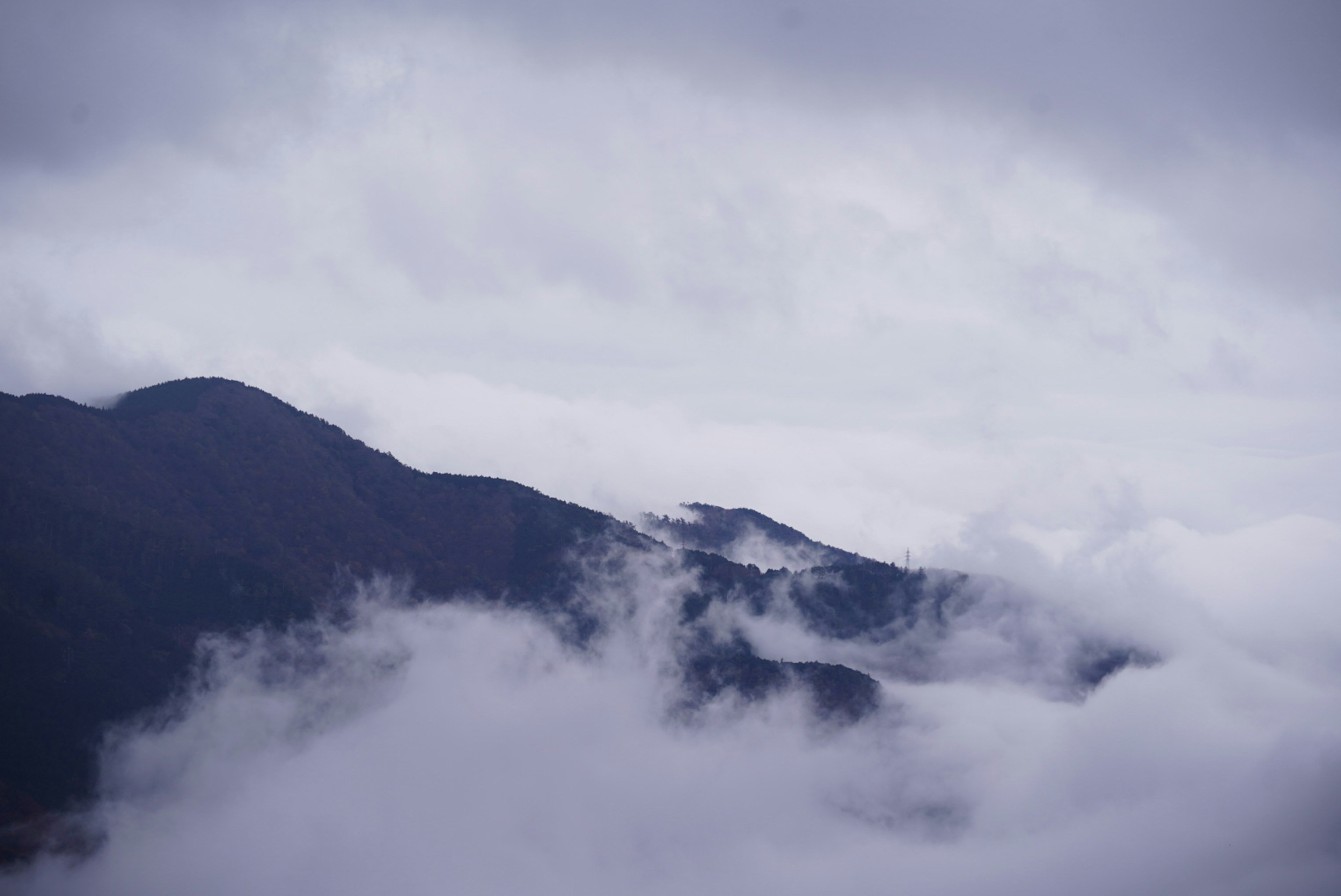 霧に包まれた山々と灰色の空の風景