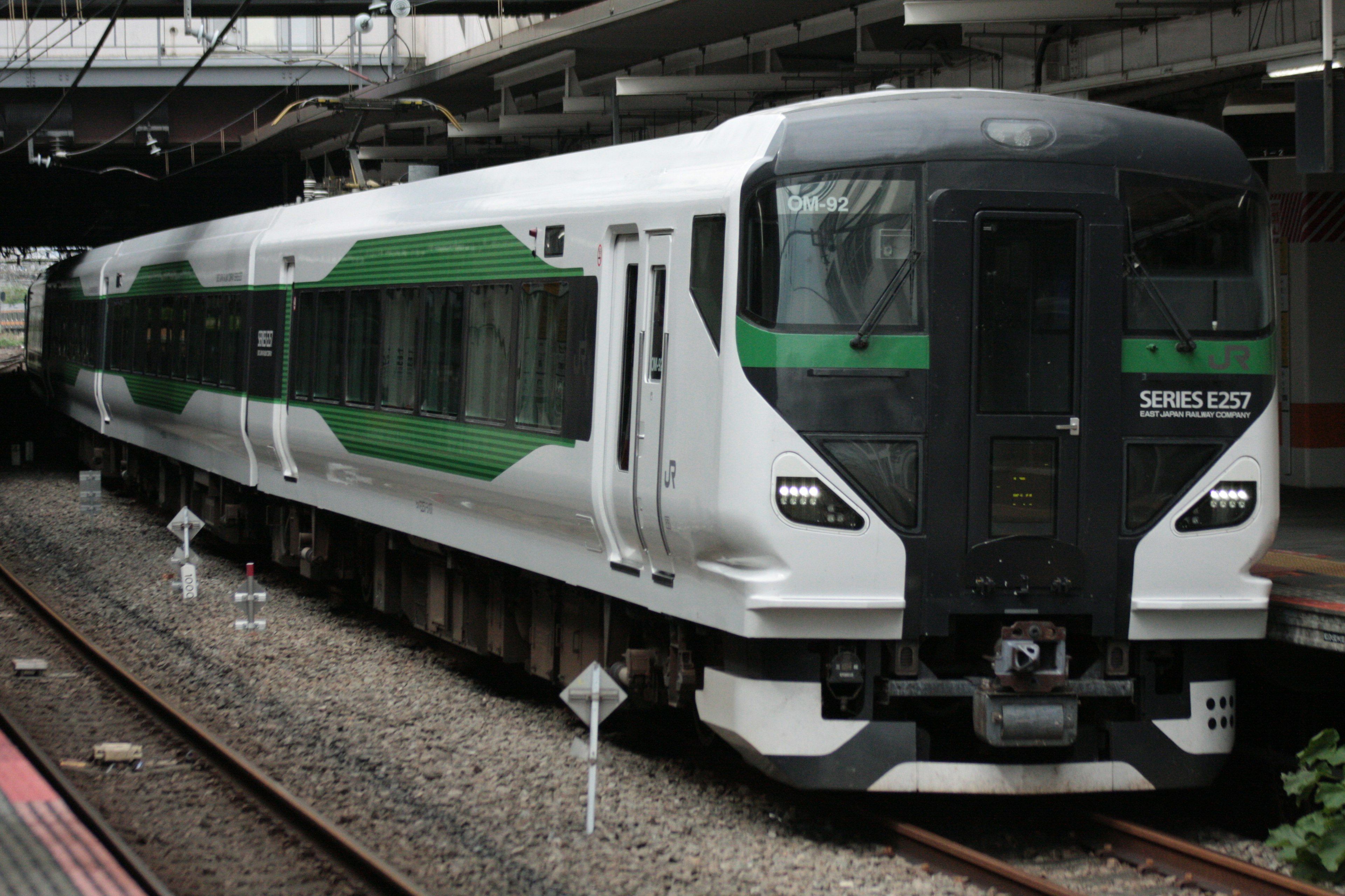 緑のストライプが特徴的な現代的な電車が駅に停車中