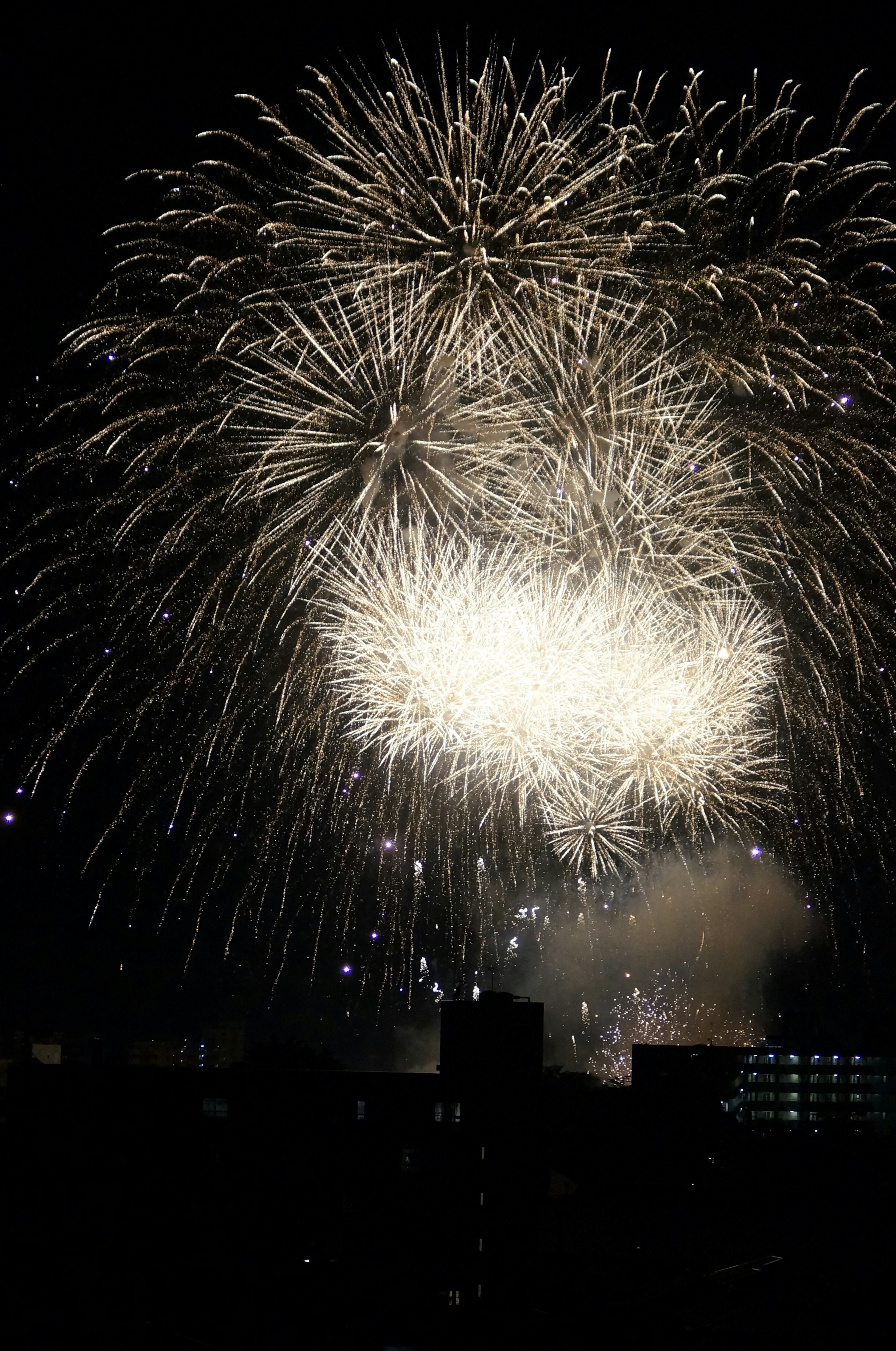 Spettacolare spettacolo di fuochi d'artificio che illumina il cielo notturno con silhouette di alti edifici