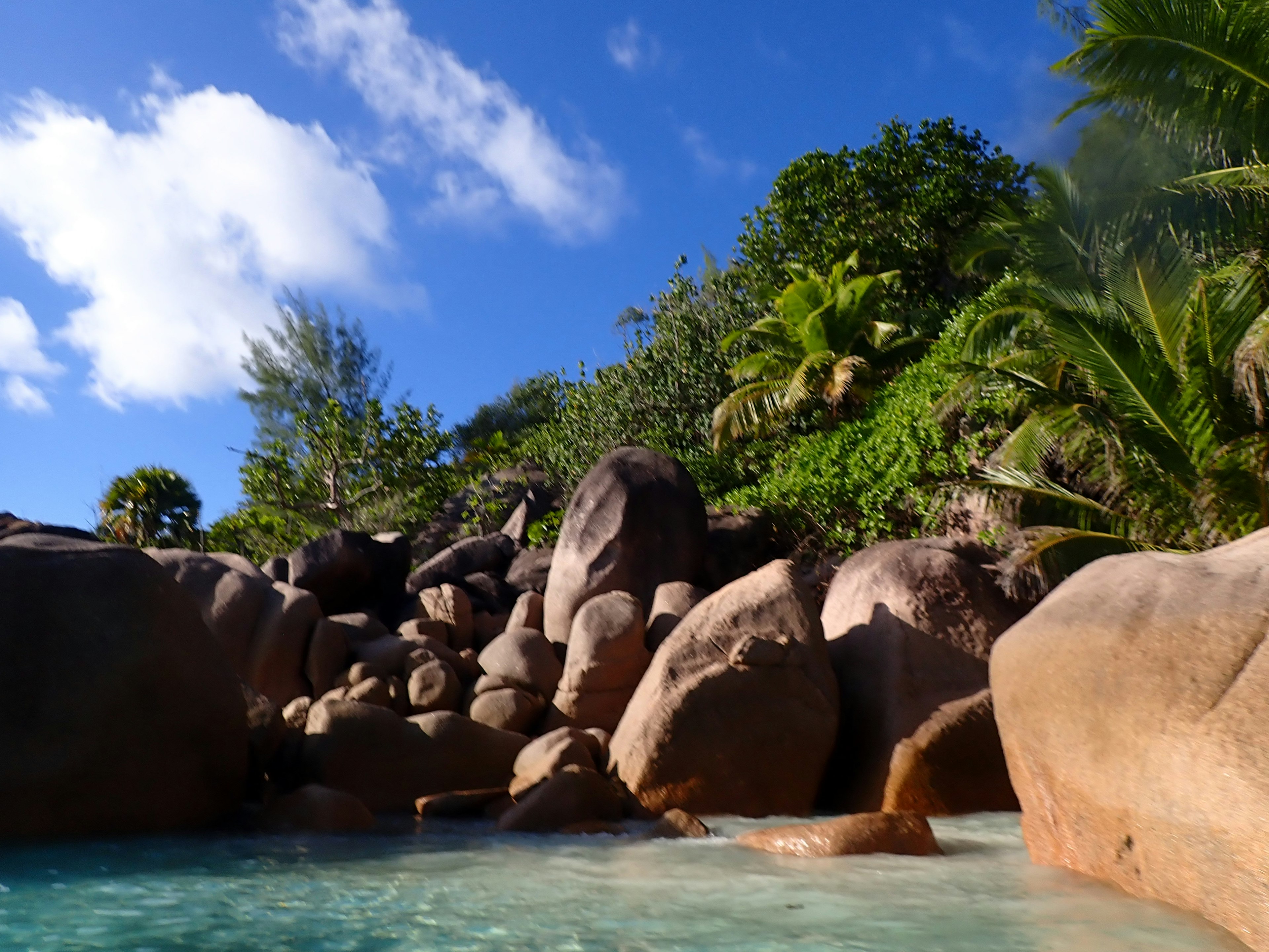 Serene beach scene with clear blue sky and lush greenery surrounding large rocks