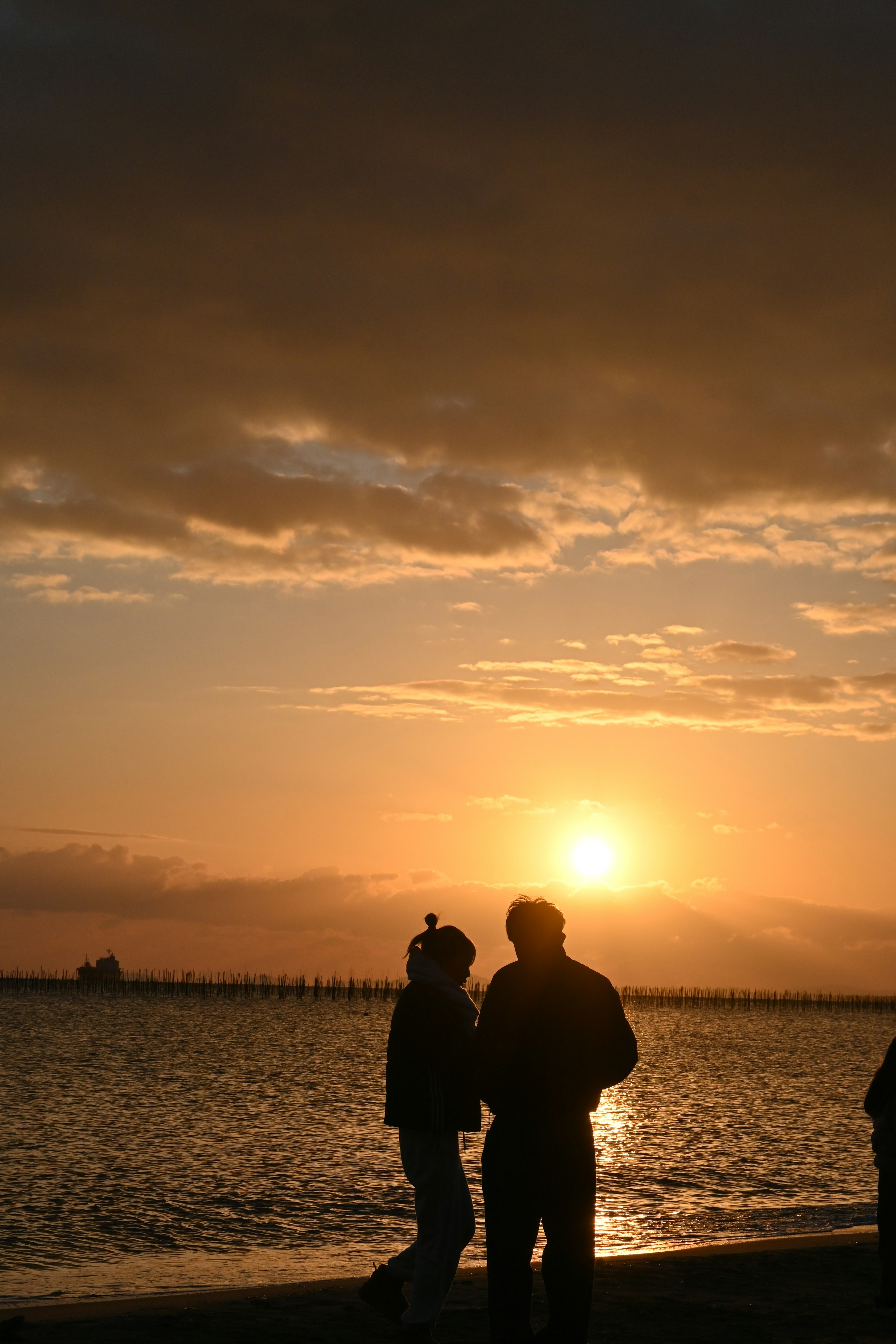 夕日を背景にしたカップルが海辺で寄り添っている