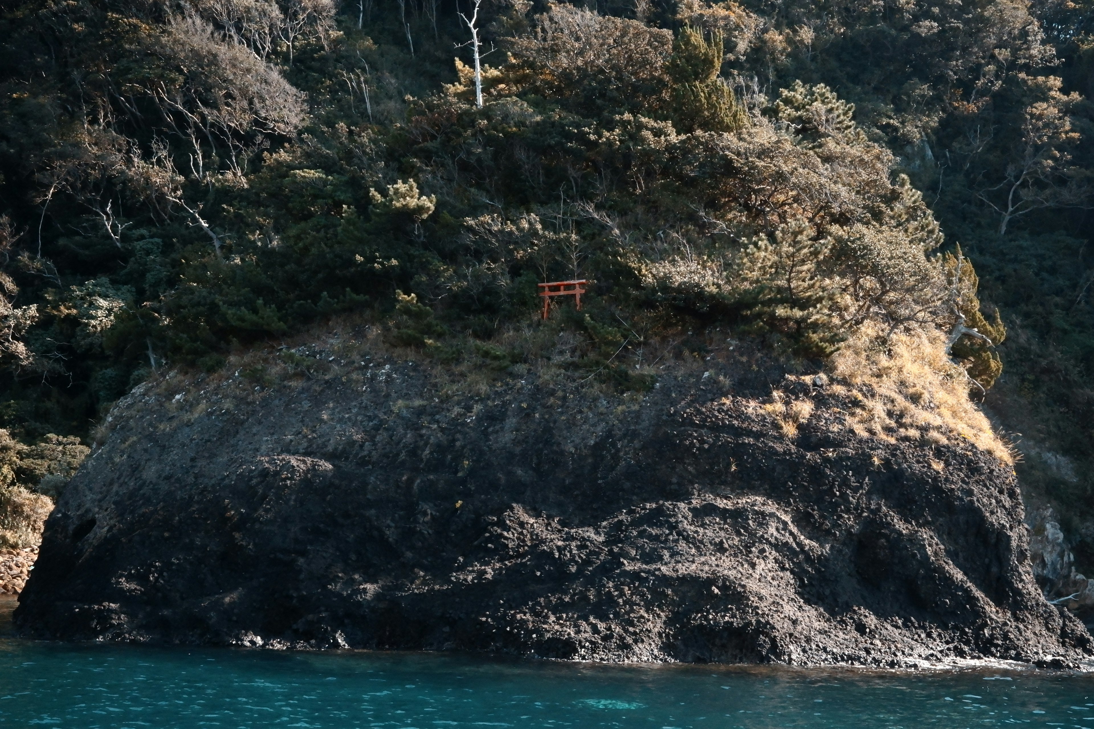 Une porte torii rouge se dresse sur une falaise rocheuse entourée de verdure luxuriante et d'eau bleue