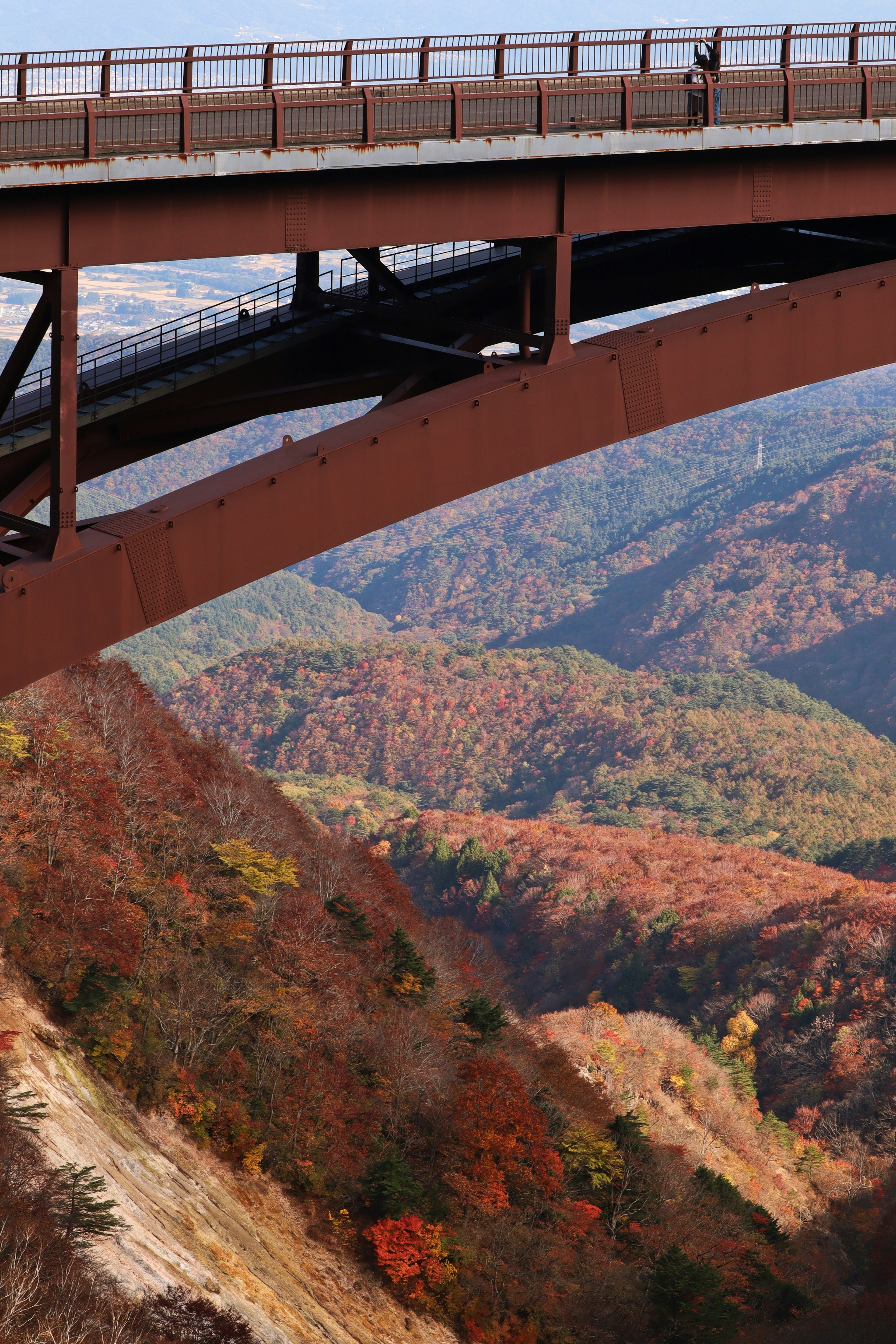 秋の色彩に包まれた山々の上を通る赤い橋