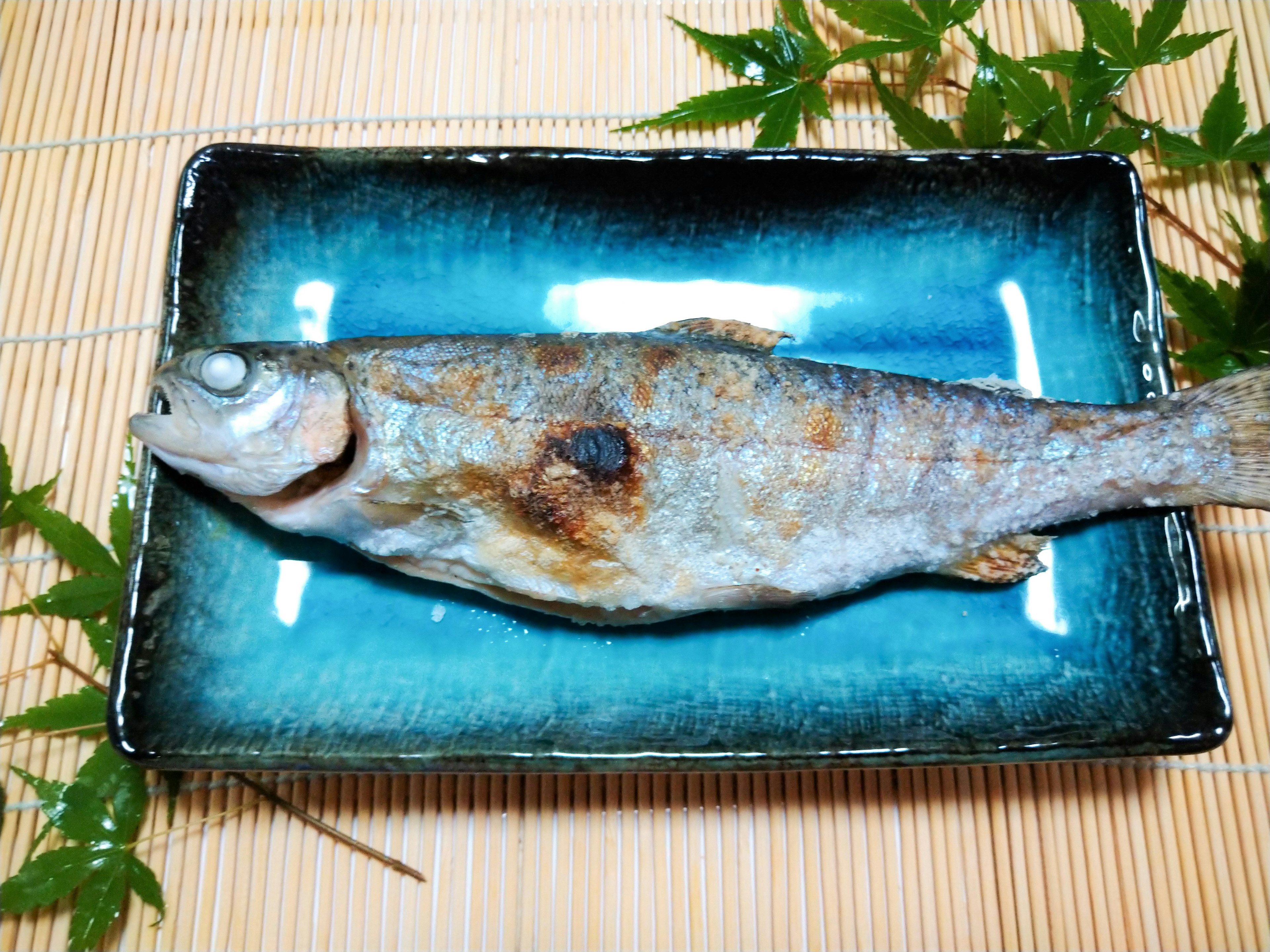 Poisson grillé servi sur une assiette bleue avec des feuilles vertes