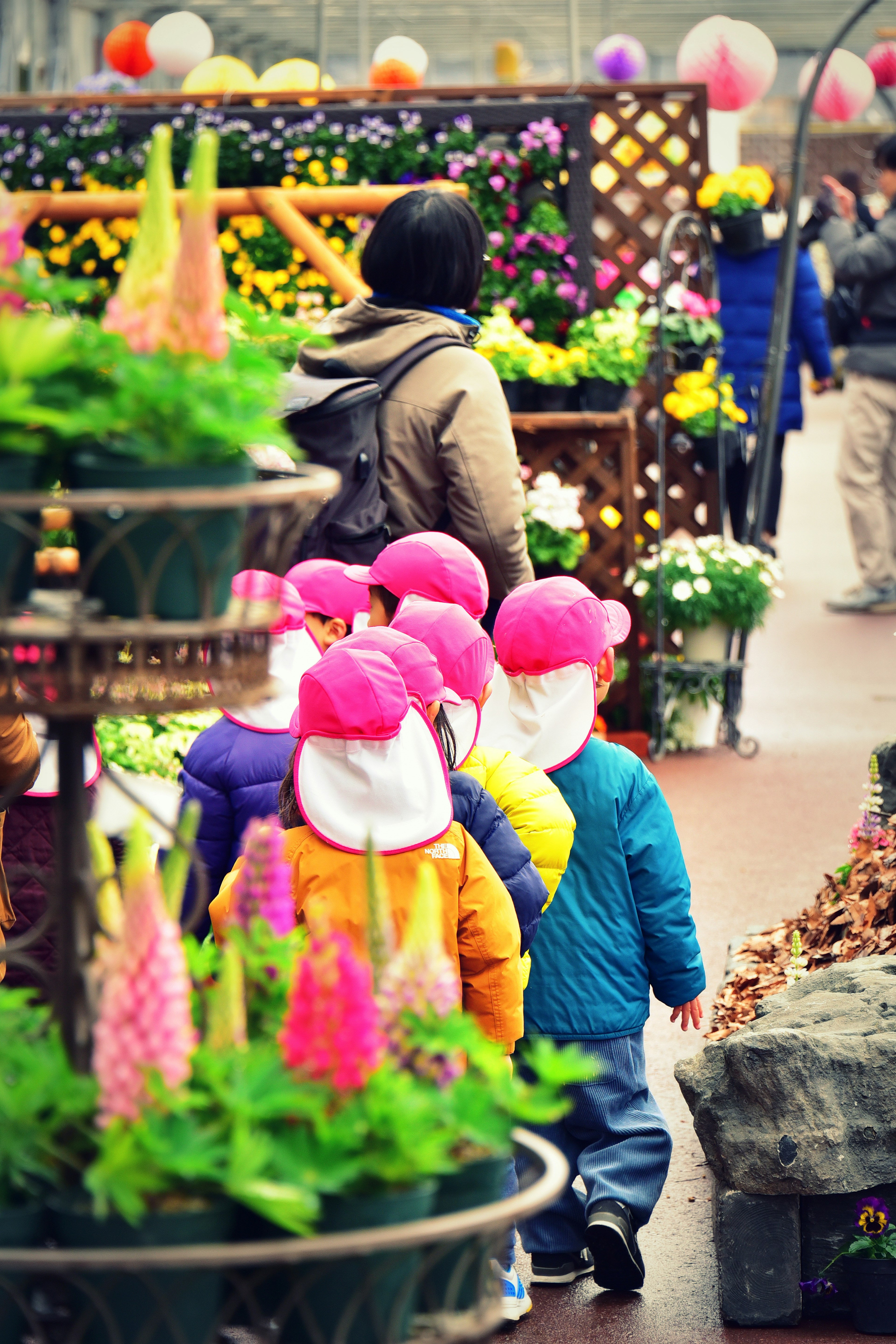 Niños con sombreros coloridos caminando detrás de un adulto entre flores vibrantes