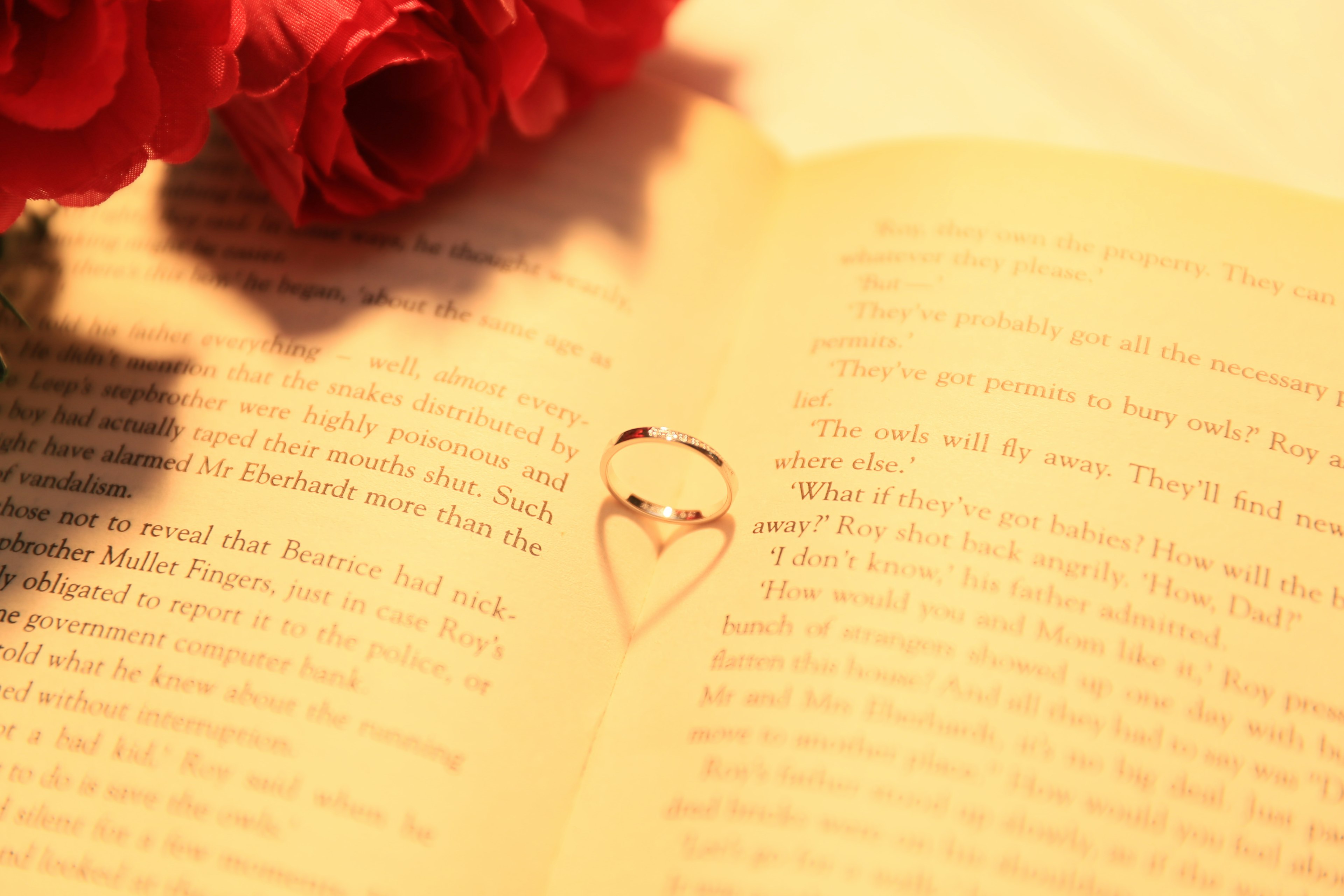 Heart-shaped ring on an open book with red roses