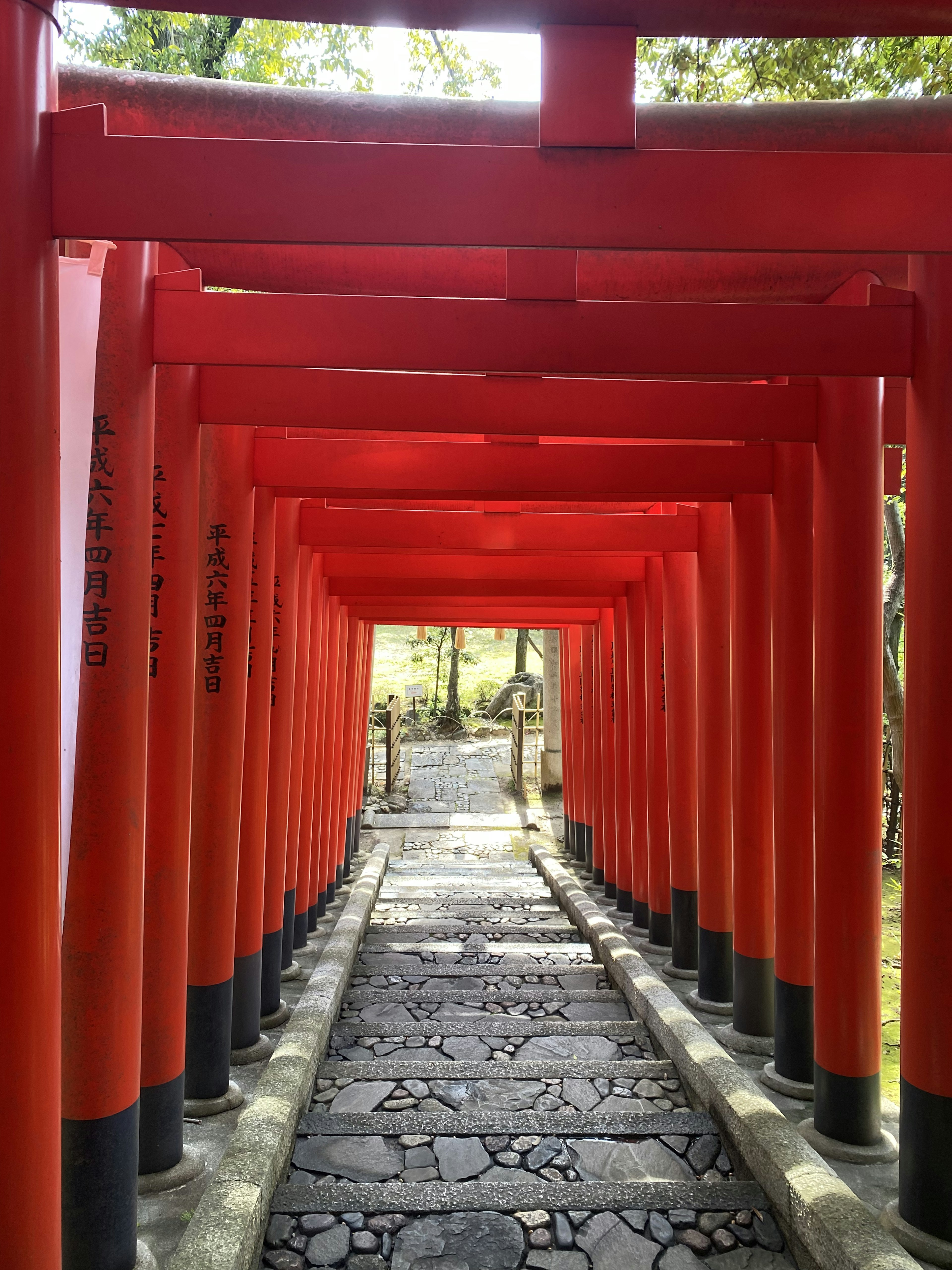 赤い鳥居のトンネルを通り抜ける風景