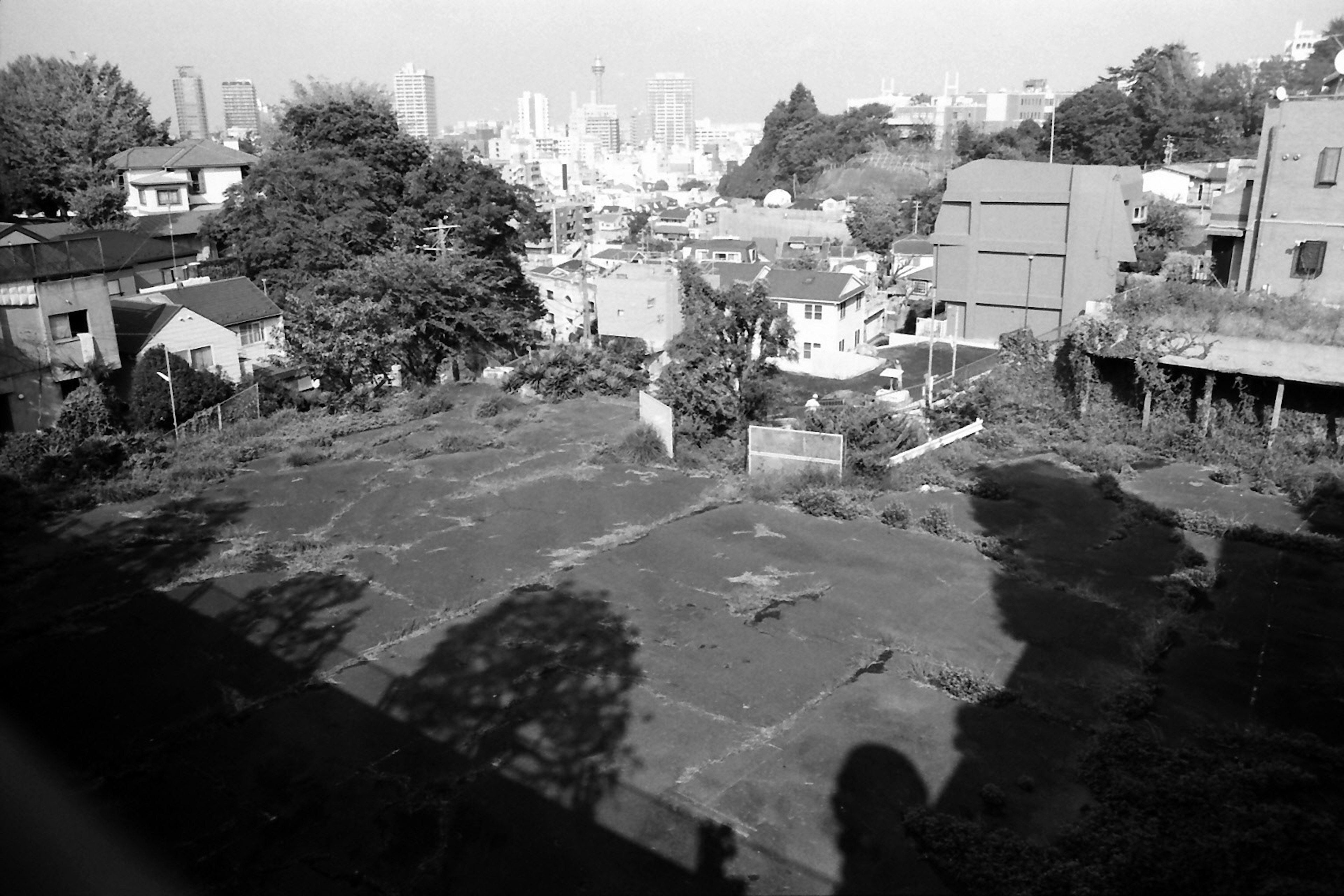 Terreno vacío con casas y skyline urbano al fondo