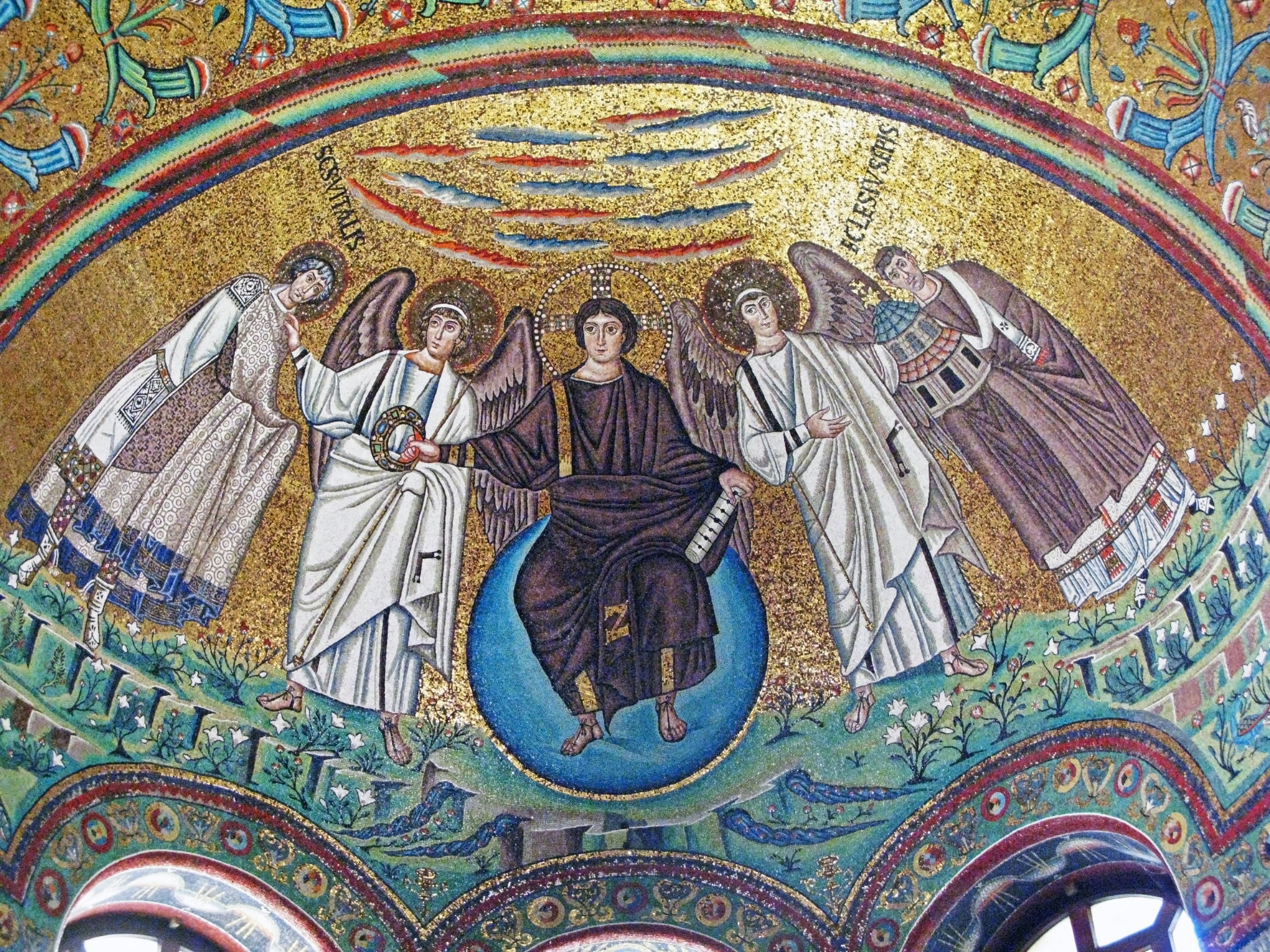 Beautiful mosaic depicting angels and Christ in a heavenly scene