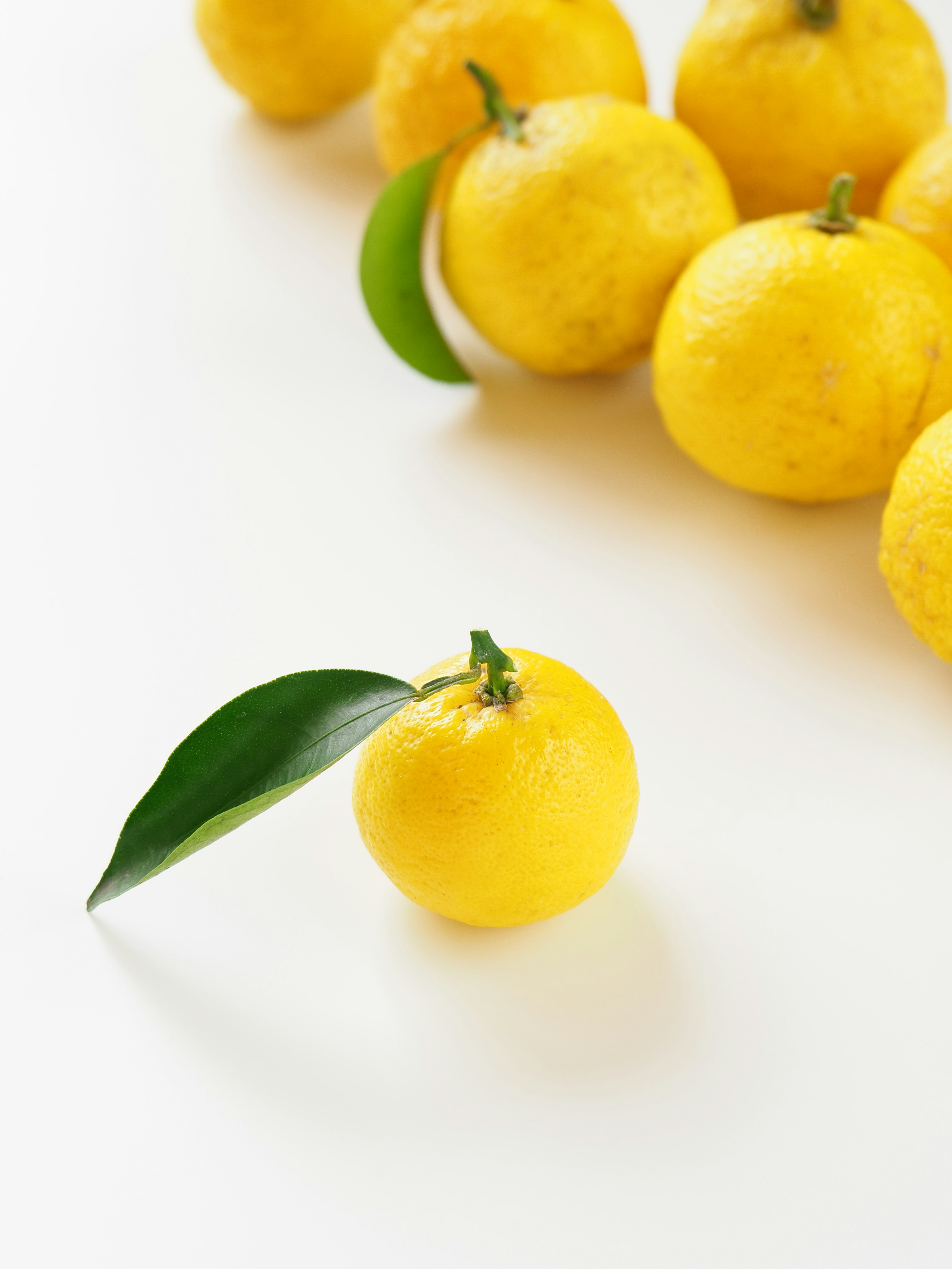 Fresh yellow citrus fruit with green leaves