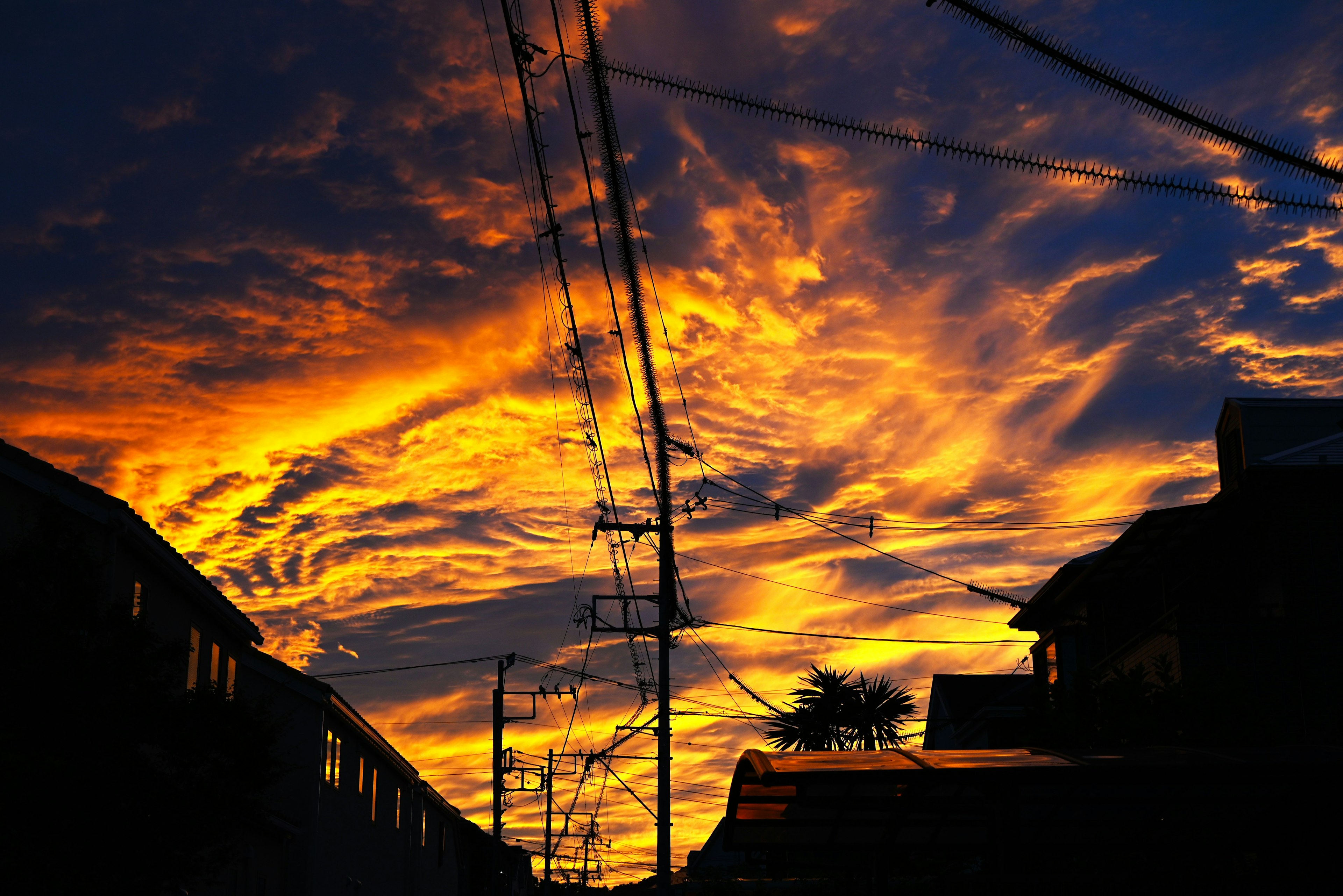 Hermoso cielo naranja y púrpura al atardecer con siluetas de edificios