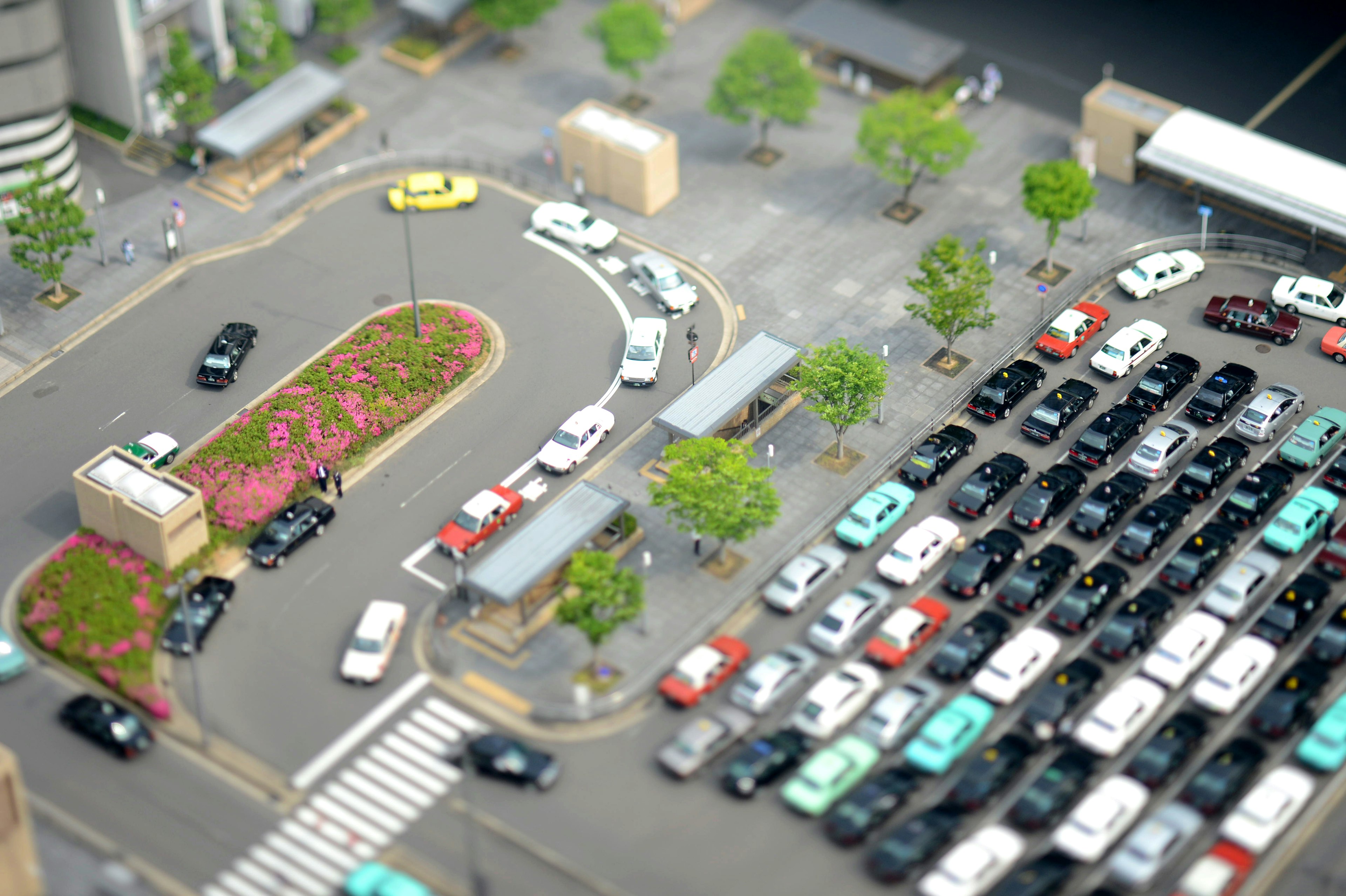 Vue aérienne d'un parking avec des arbres verts et des fleurs dans une zone circulaire diverses voitures colorées paysage urbain