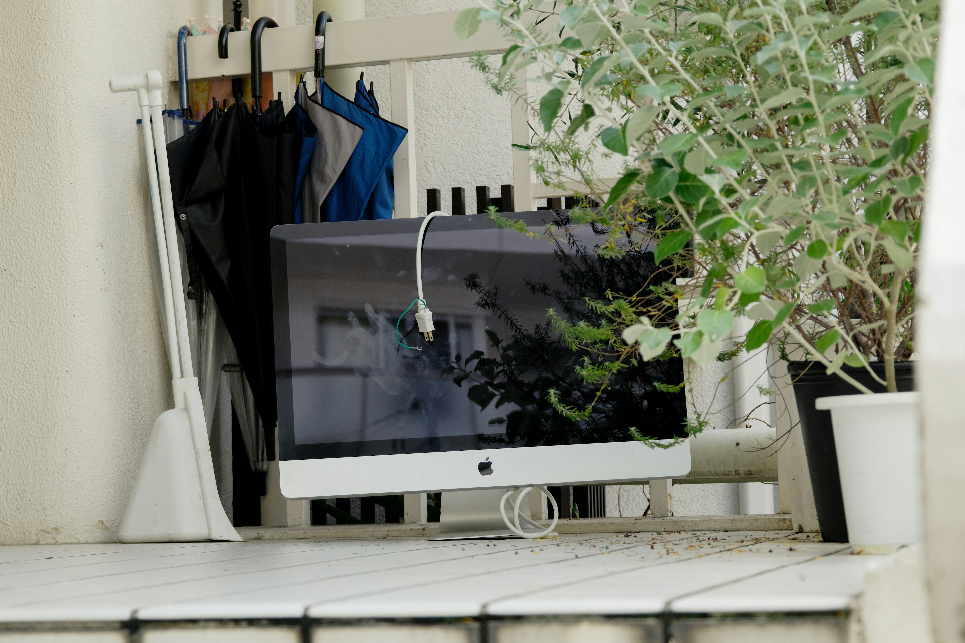 Scène intérieure avec un iMac d'Apple et de la verdure