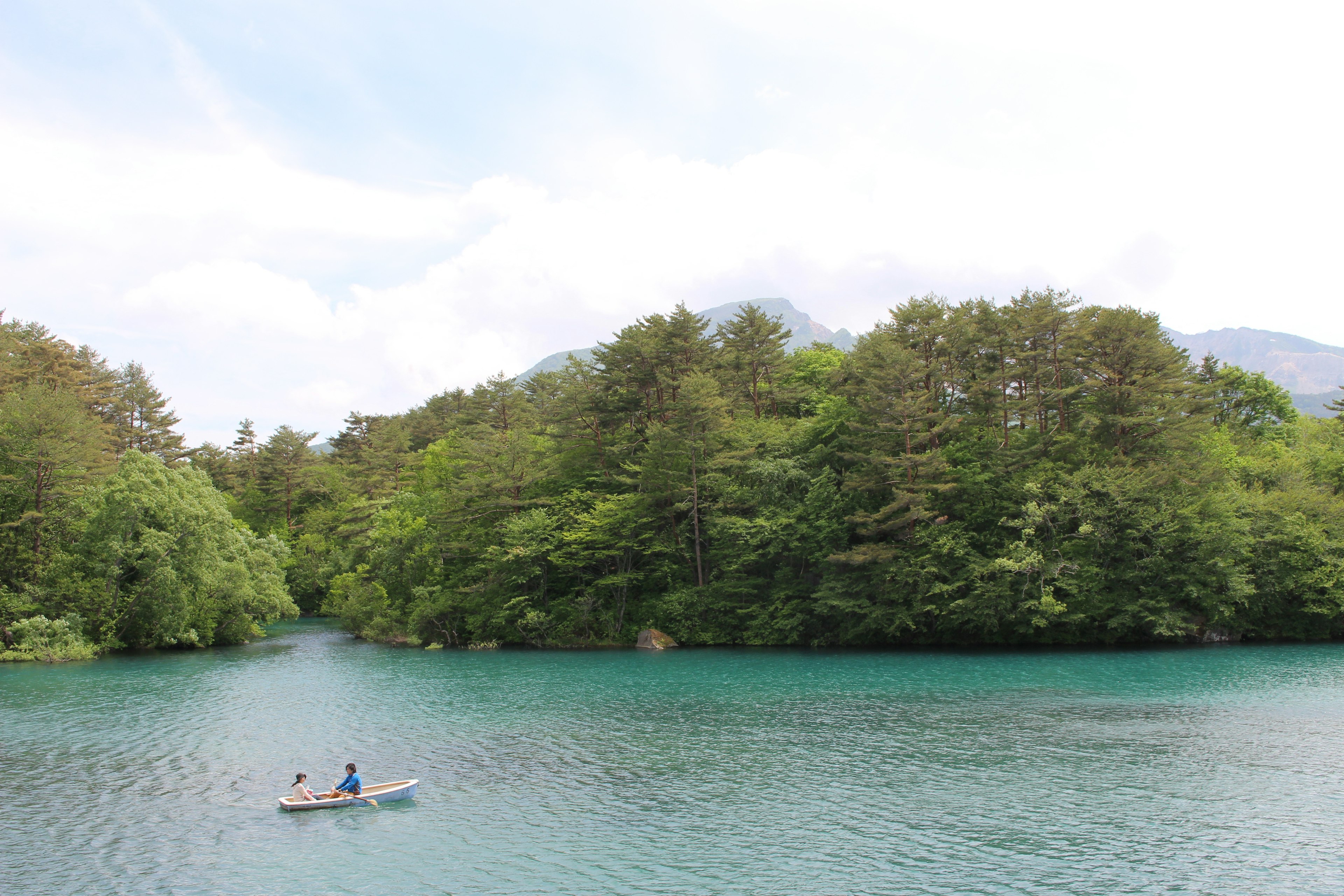 Personas en un bote en un lago tranquilo rodeado de vegetación exuberante