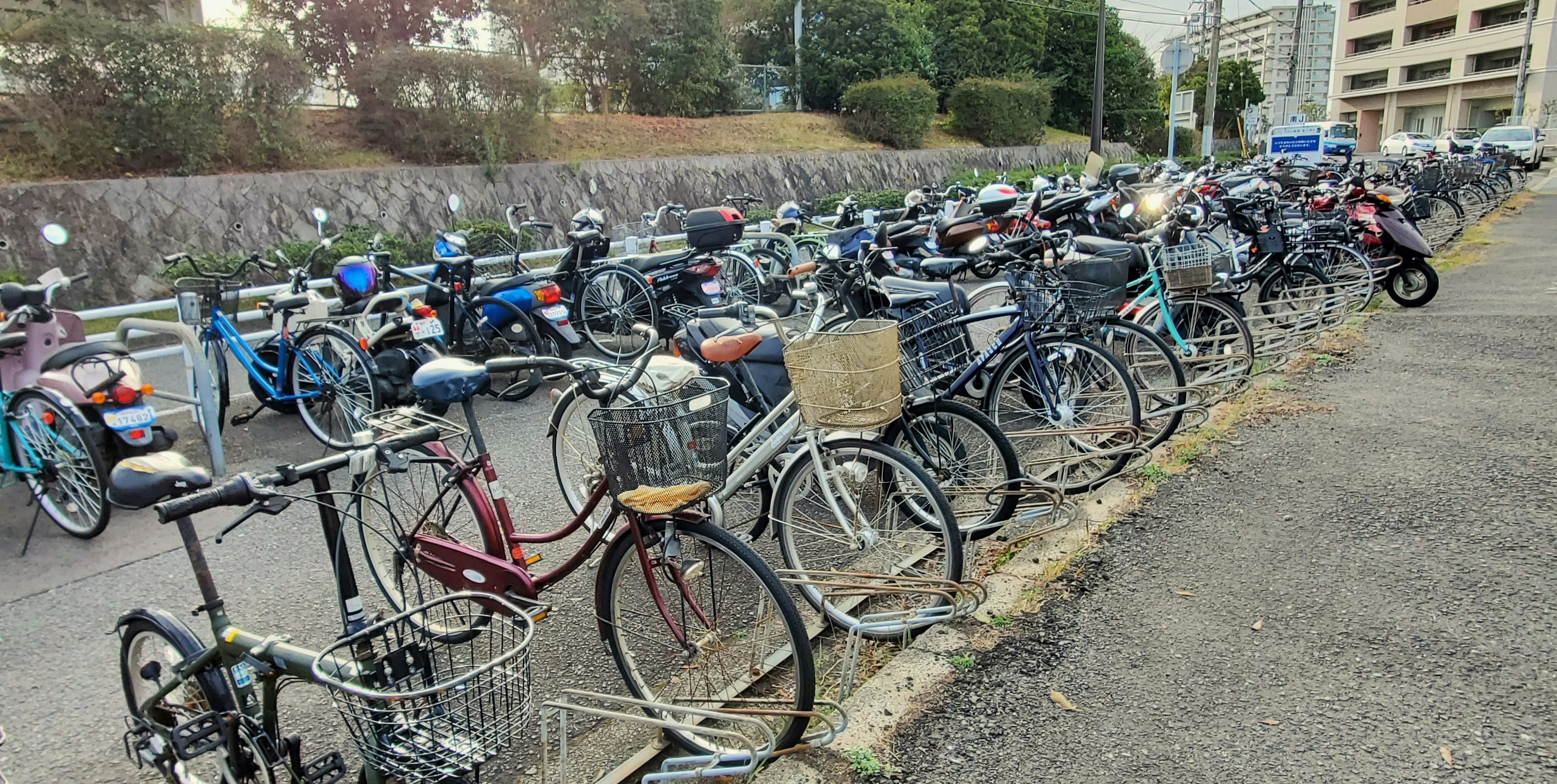 A view of a bicycle parking area filled with various bicycles