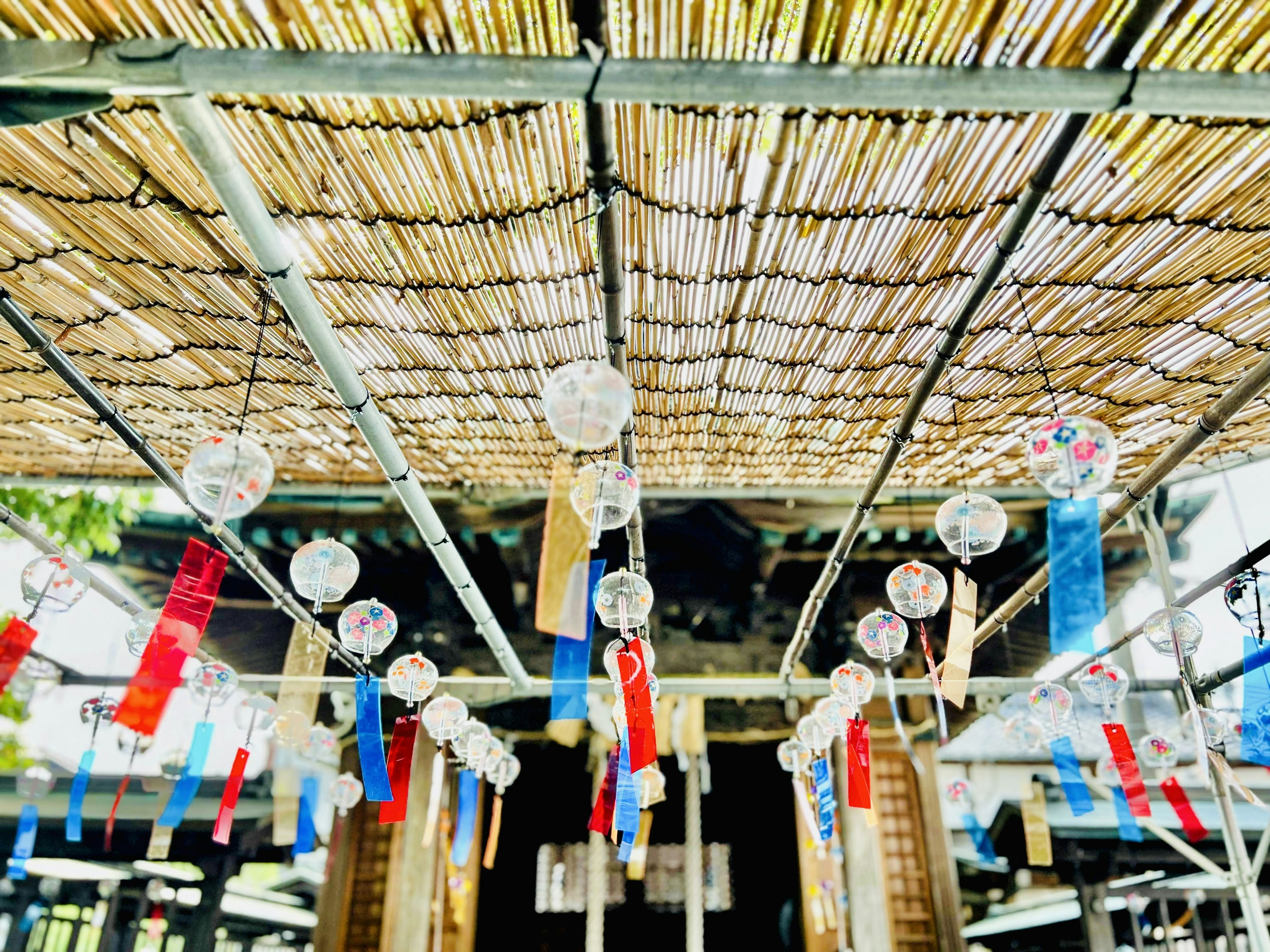 Colorful wind chimes and tanzaku hanging under a bamboo roof