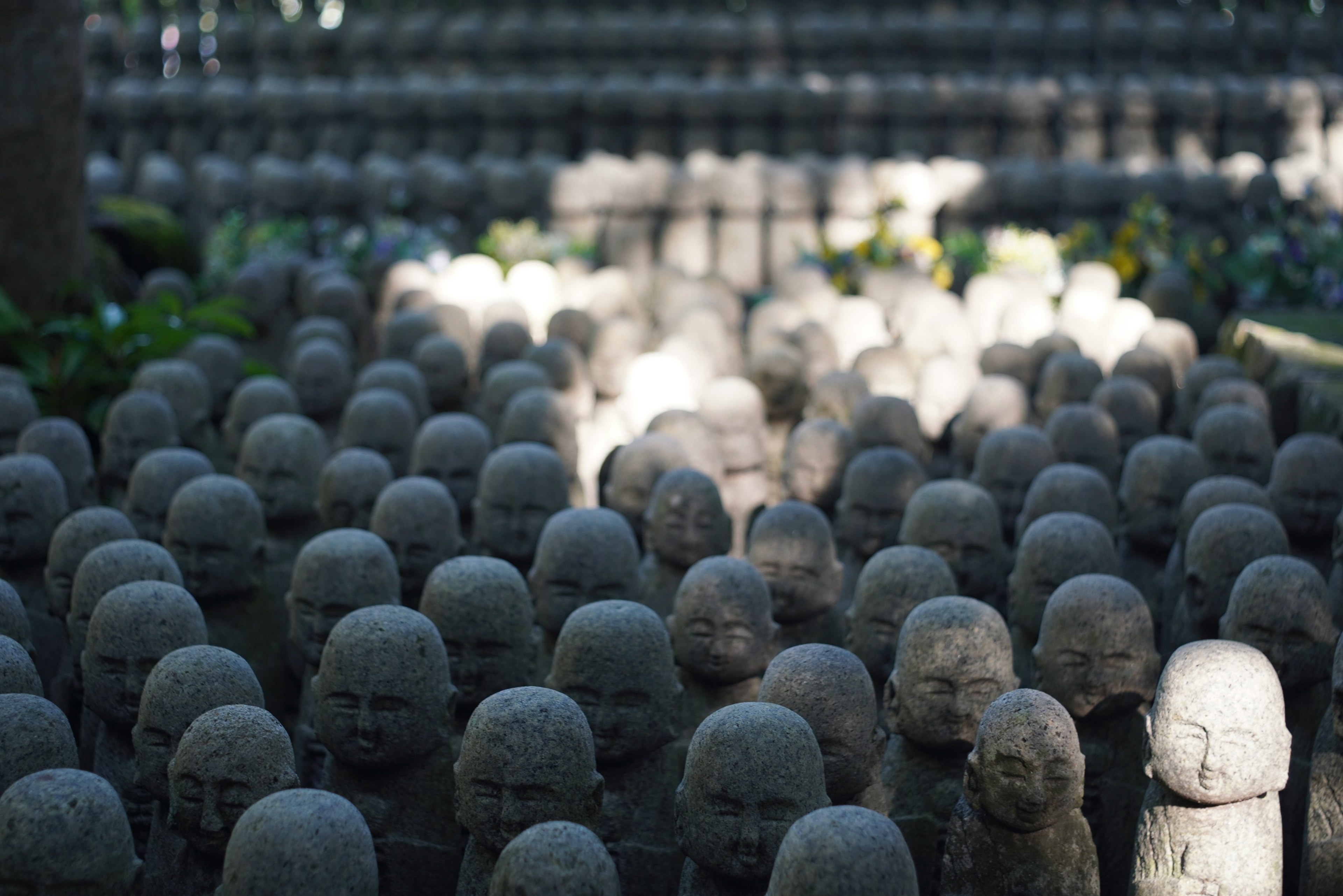 A landscape of numerous stone statues arranged in rows