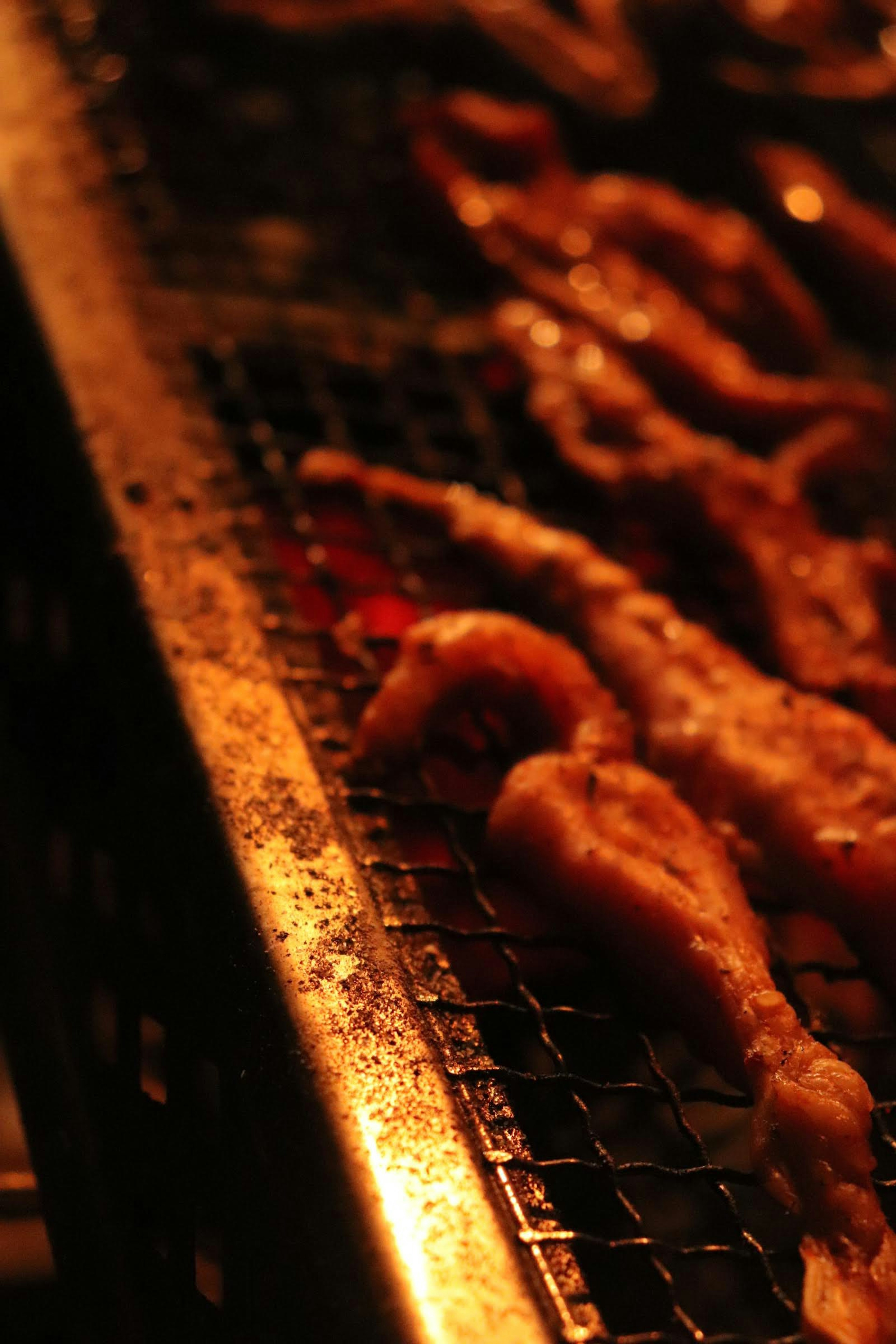 Grilled skewers of meat cooking on a barbecue grill