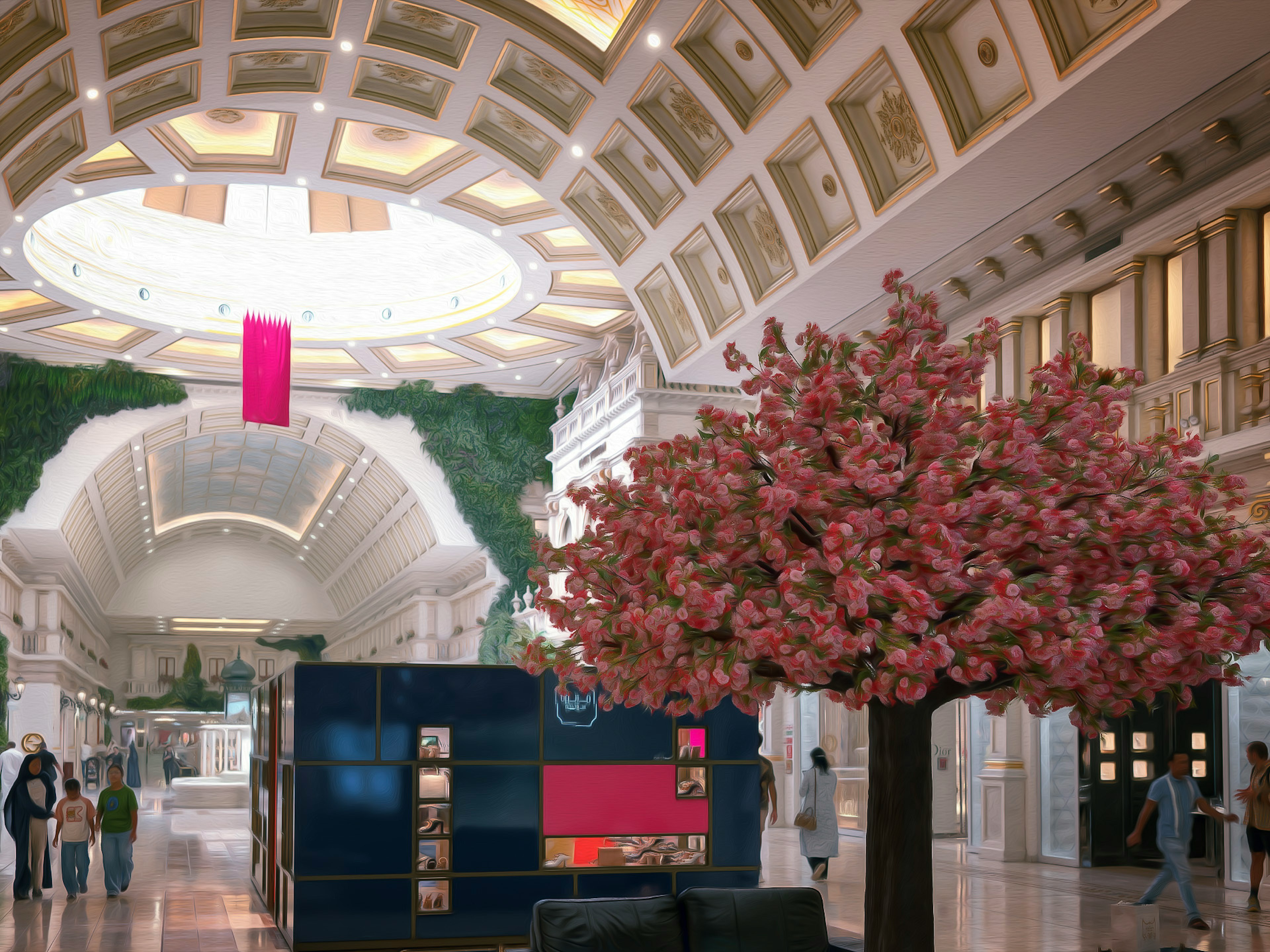 Geräumige Lobby mit einer schönen Decke, einem rosa blühenden Baum und bunten Panels