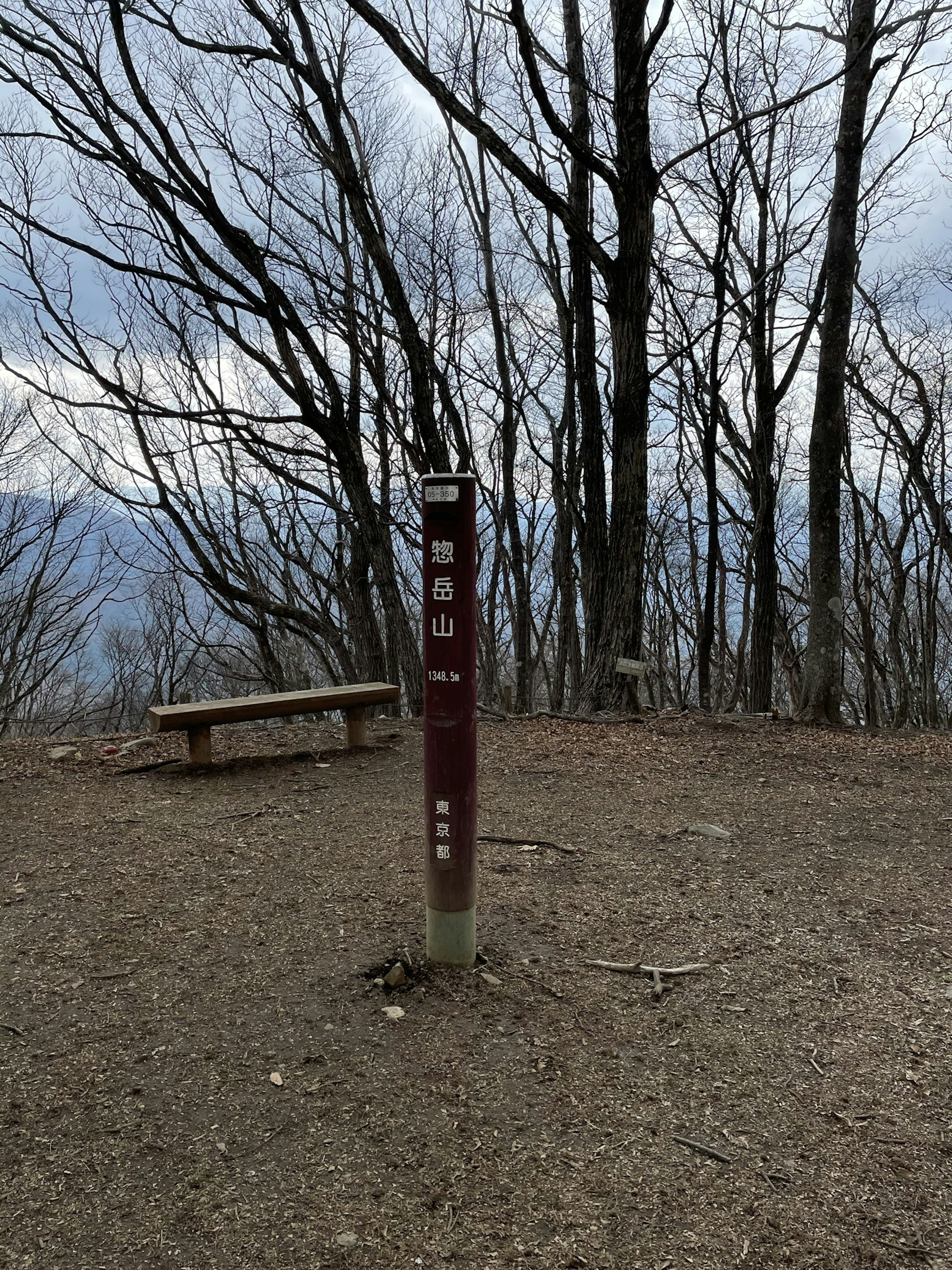 山頂標誌和長椅的風景