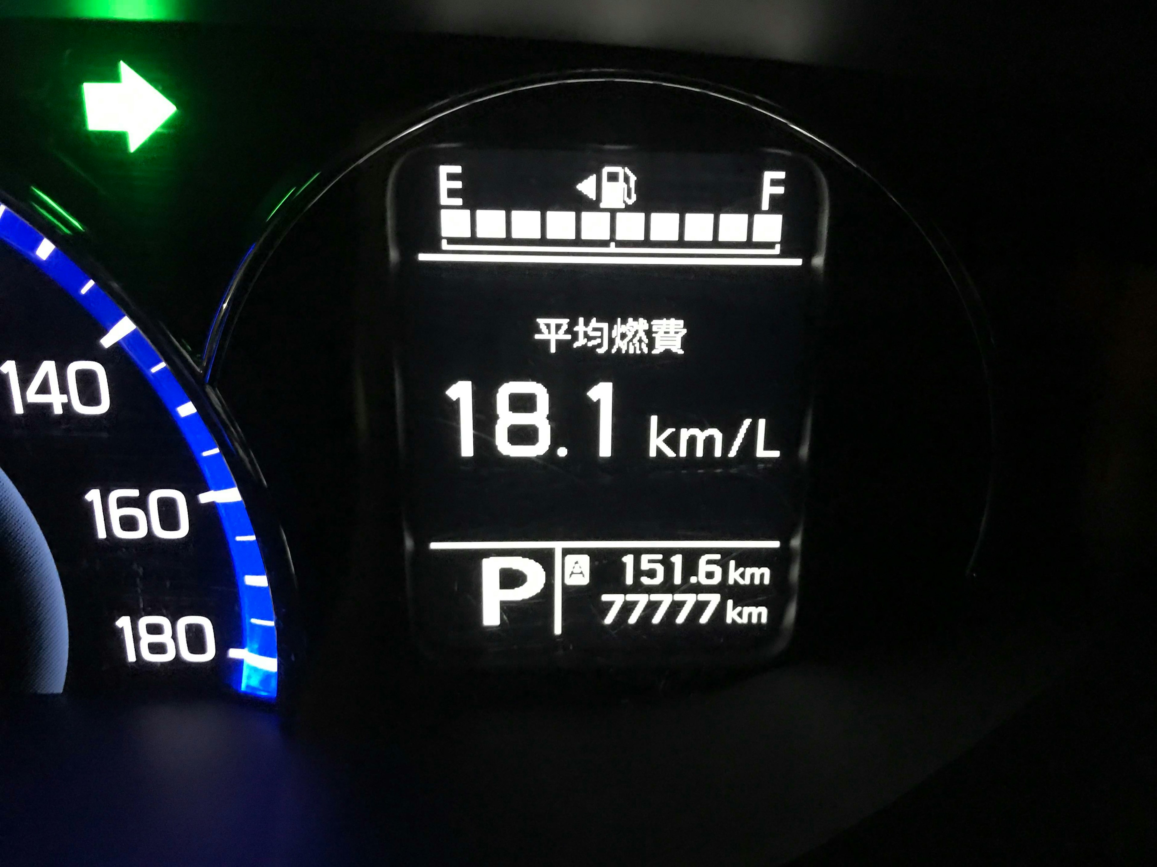 Pantalla del tablero del automóvil que muestra un consumo promedio de 18,1 km/L y una distancia de 1516 km