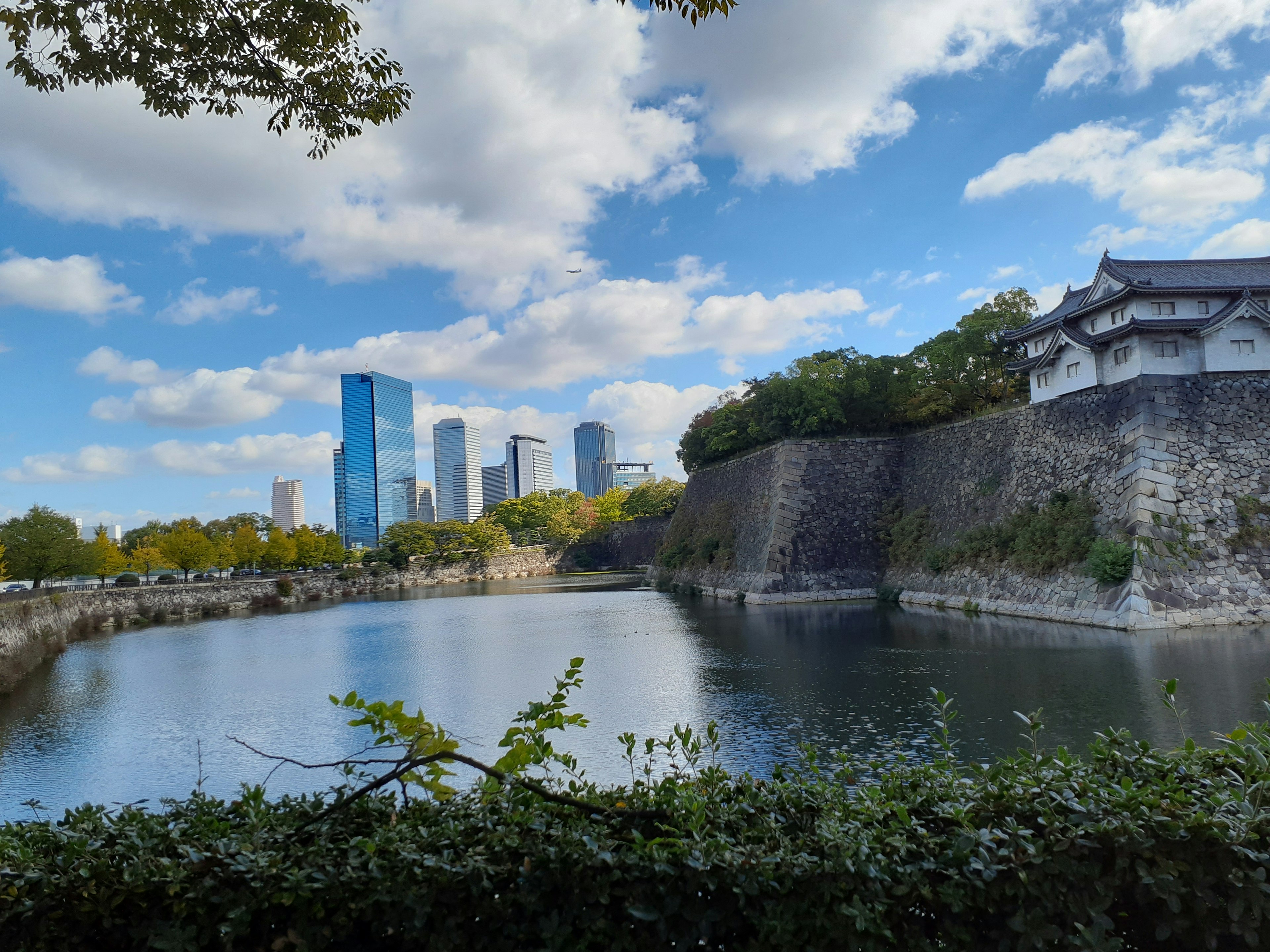 近代的な高層ビルと歴史的な城壁が対比する風景