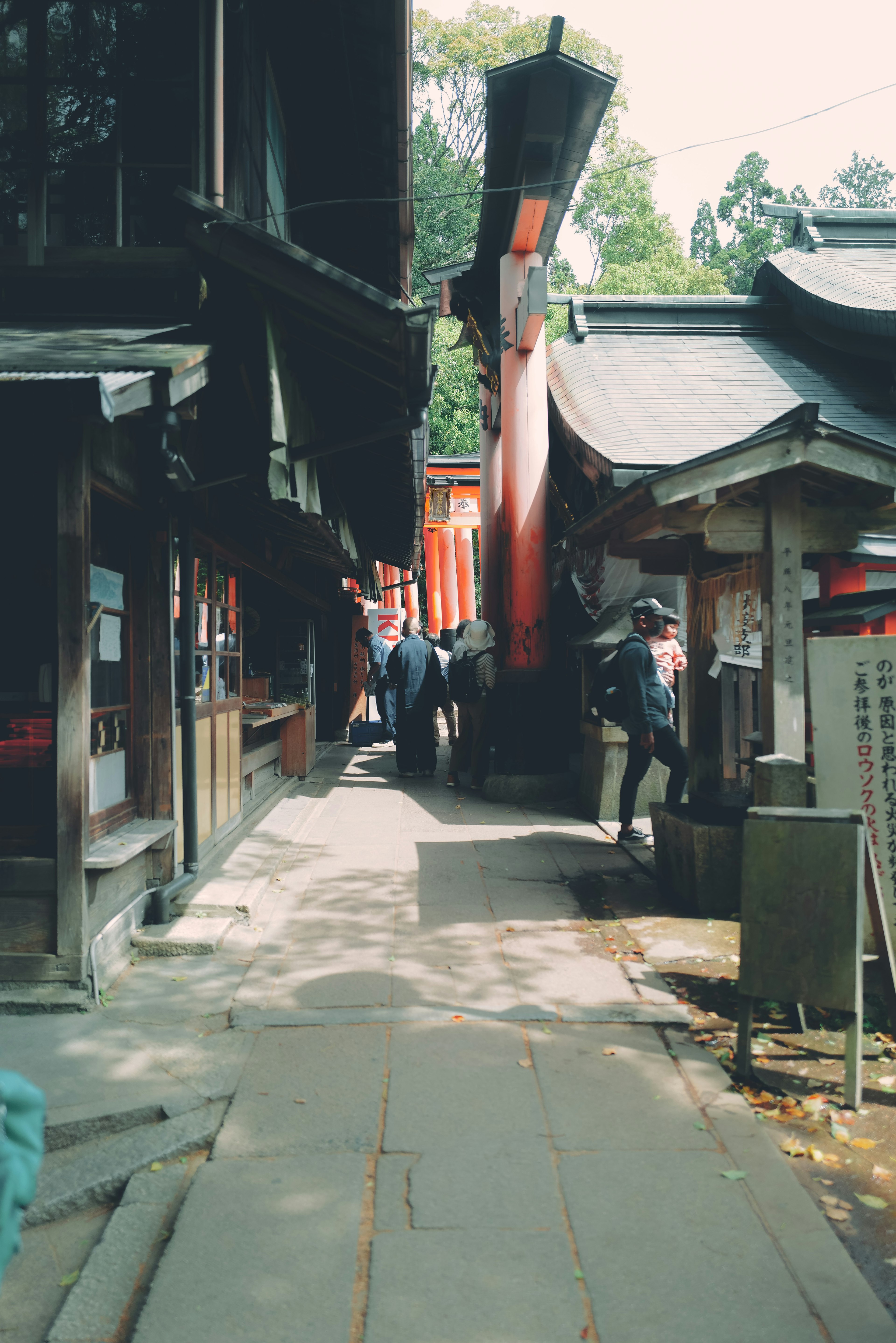 Narrow path featuring traditional Japanese buildings and red torii gates