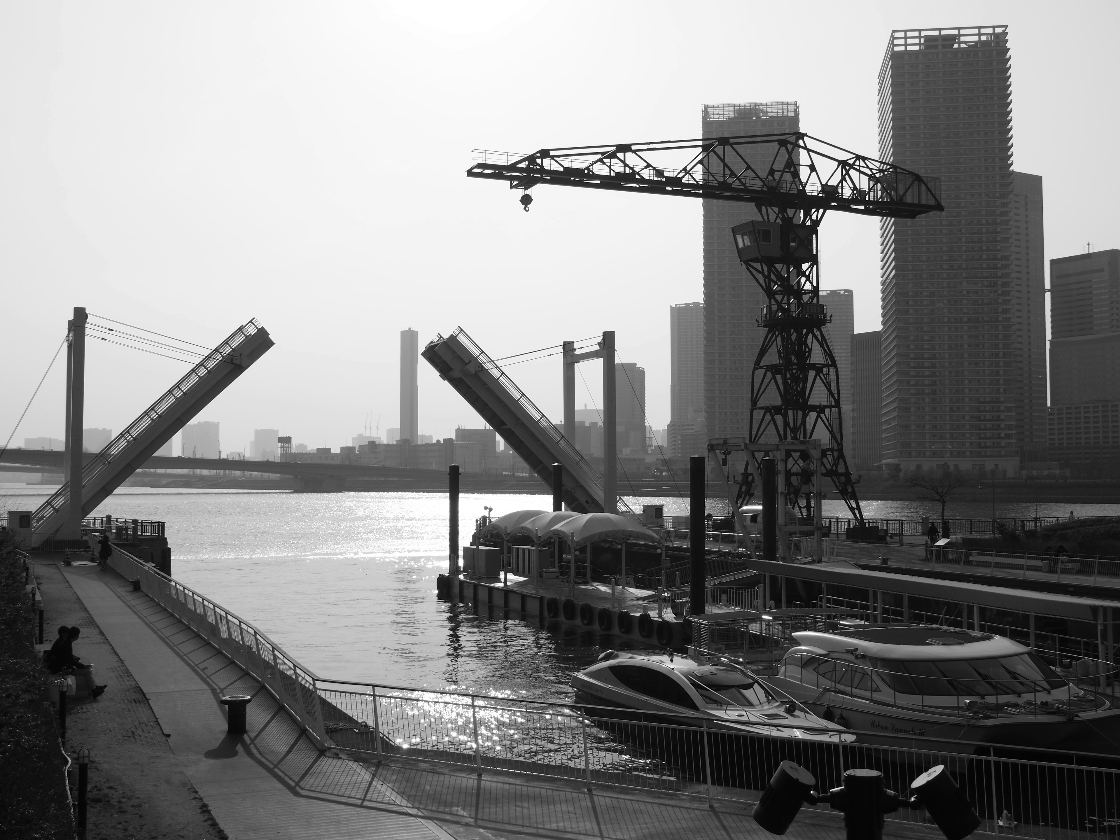 Black and white view of a raised bridge over a river with skyscrapers in the background