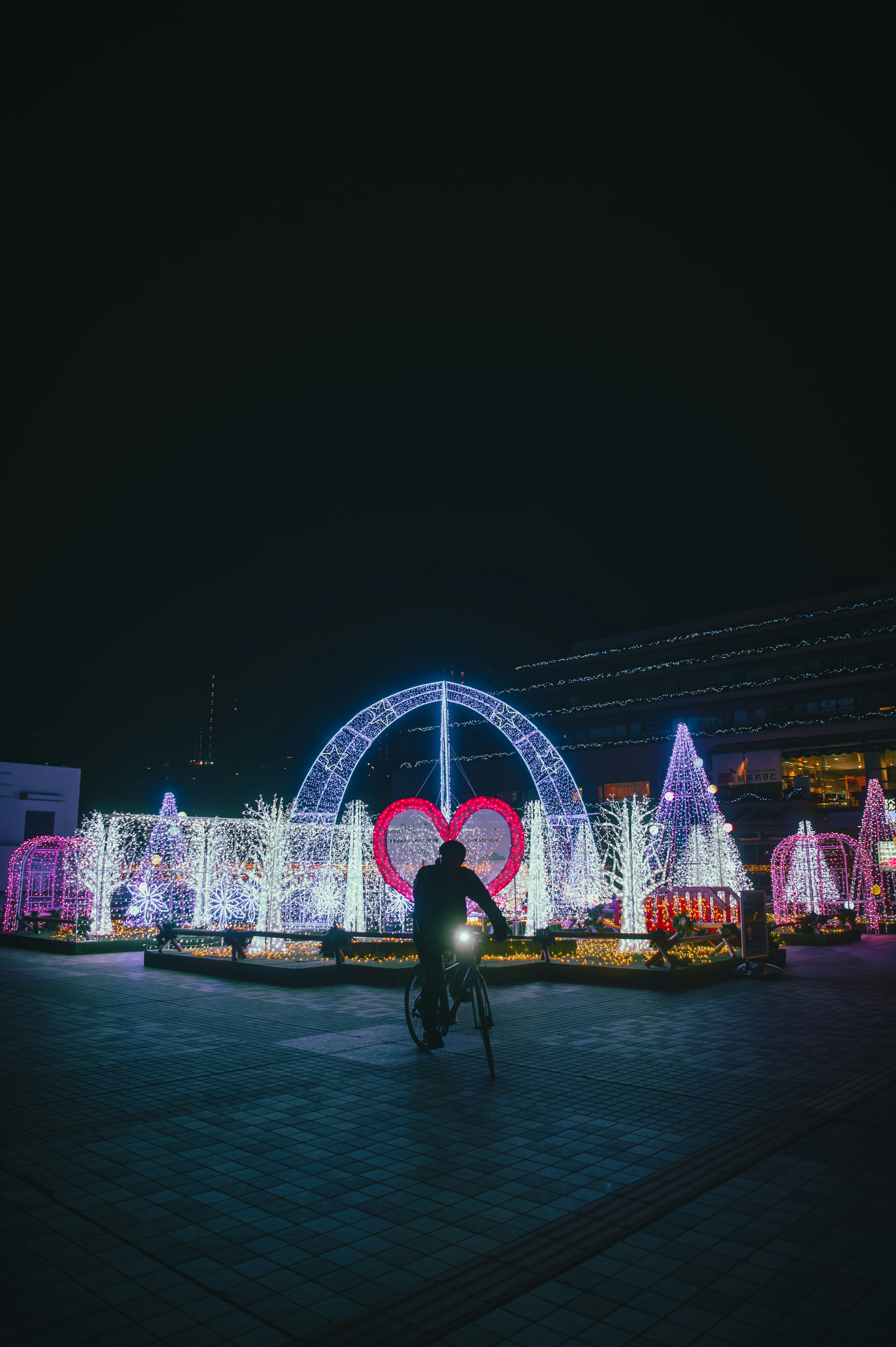 Une personne se tenant dans un parc décoré de lumières nocturnes